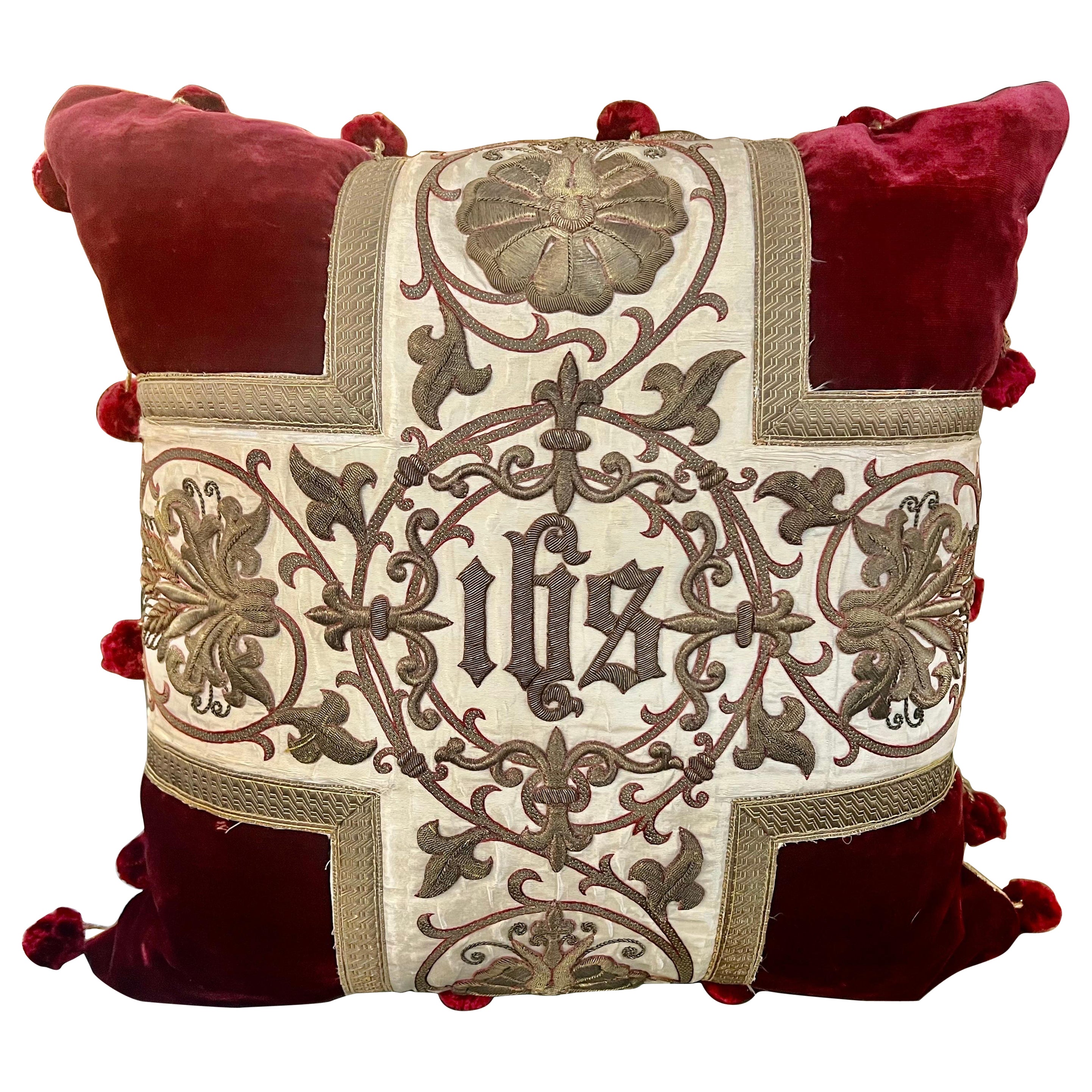 Pillow Made with 19th C. Gold Embroidered Silk by Melissa Levinson For Sale