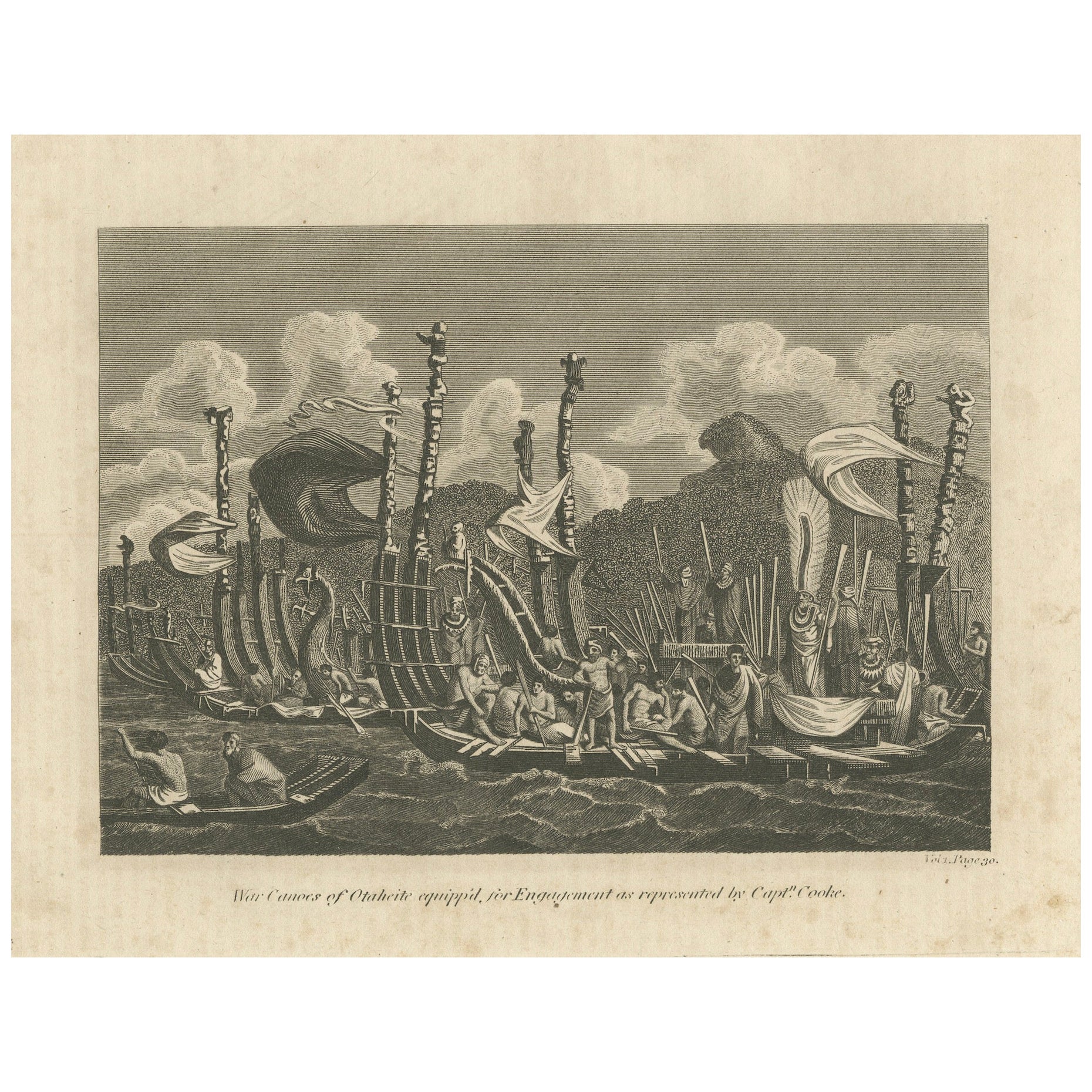Naval Might of Tahiti: War Canoes Observed by Captain Cook, circa 1817 For Sale