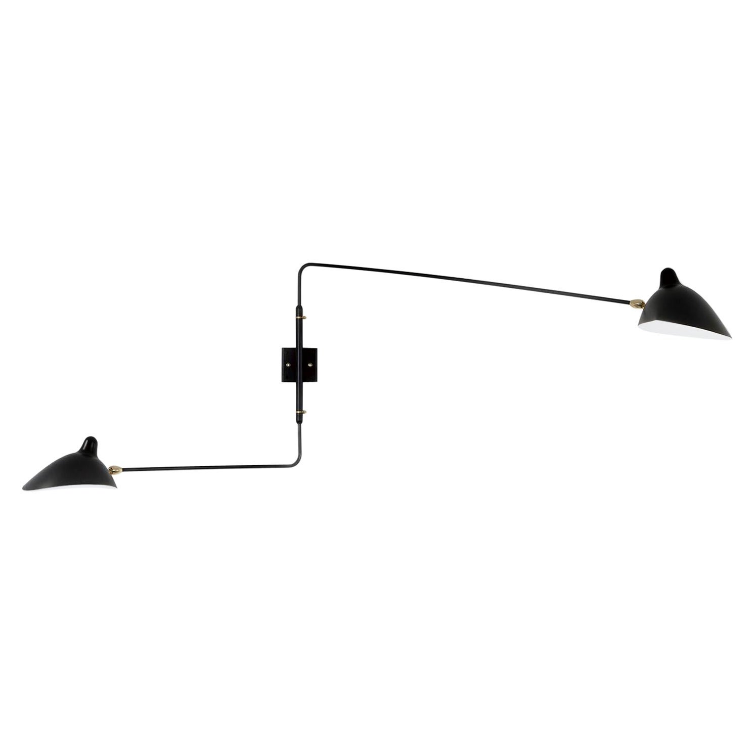 Serge Mouille, lampada da parete a due bracci dritti rotanti, nera, moderna, del metà del secolo.