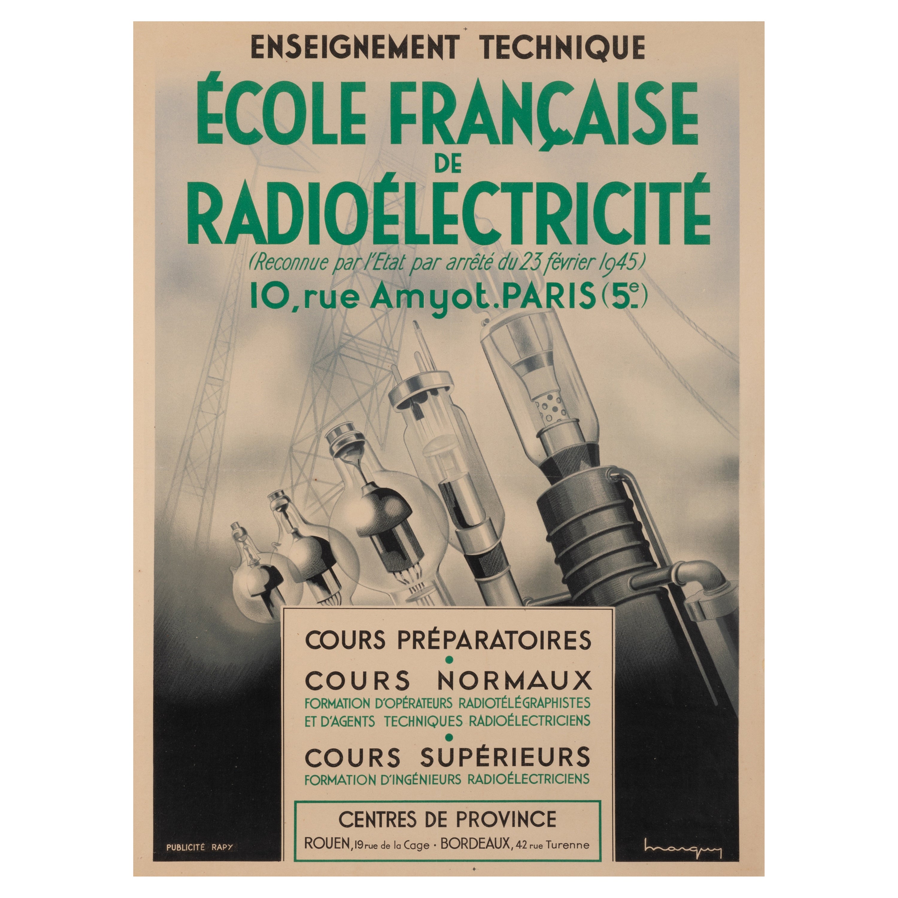 Affiche vintage d'origine de Marguy, école française de radioélectricité, ingénieurs, 1950 en vente