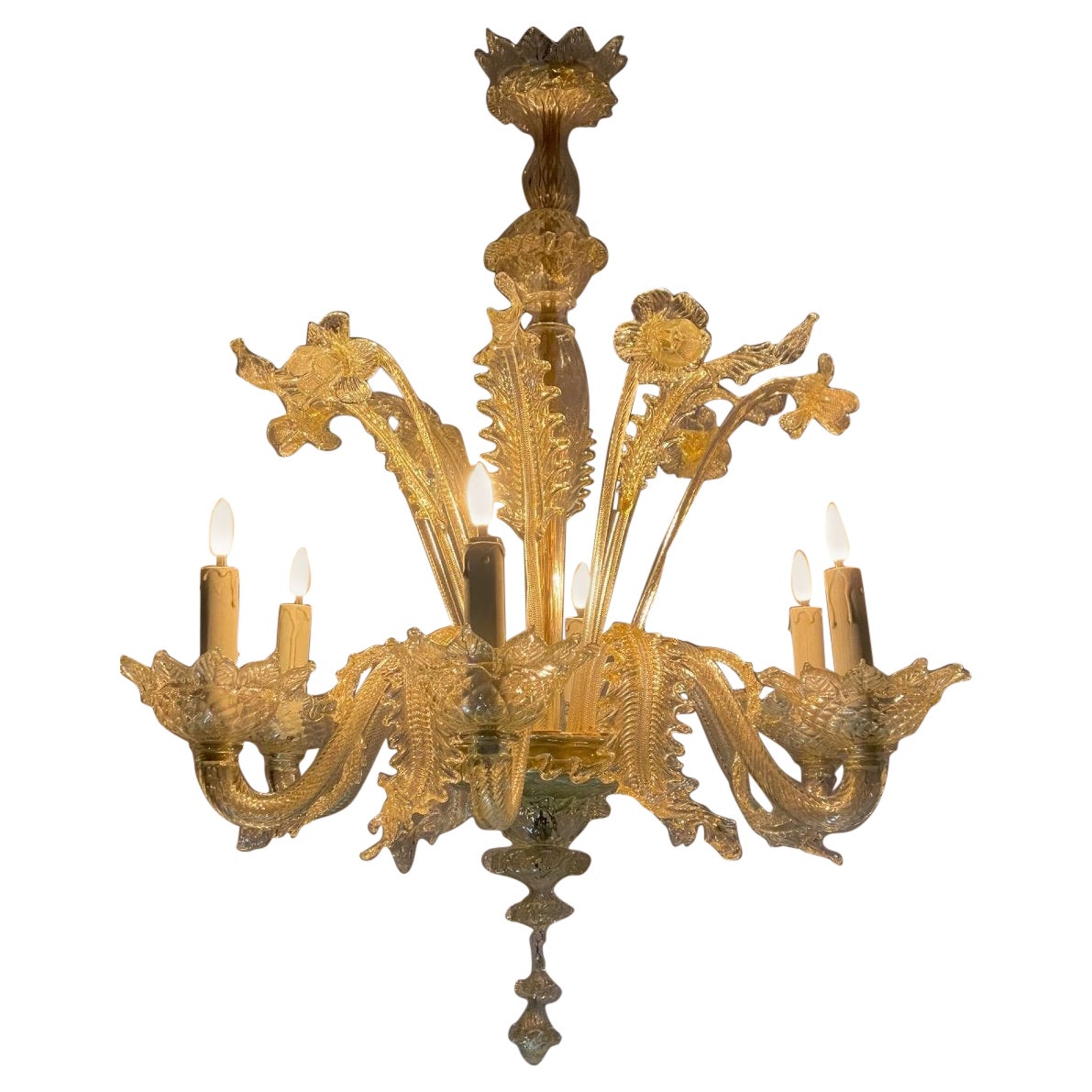 Venetian Chandelier In Golden Murano Glass, 6 Arms Of Light Circa 1940
