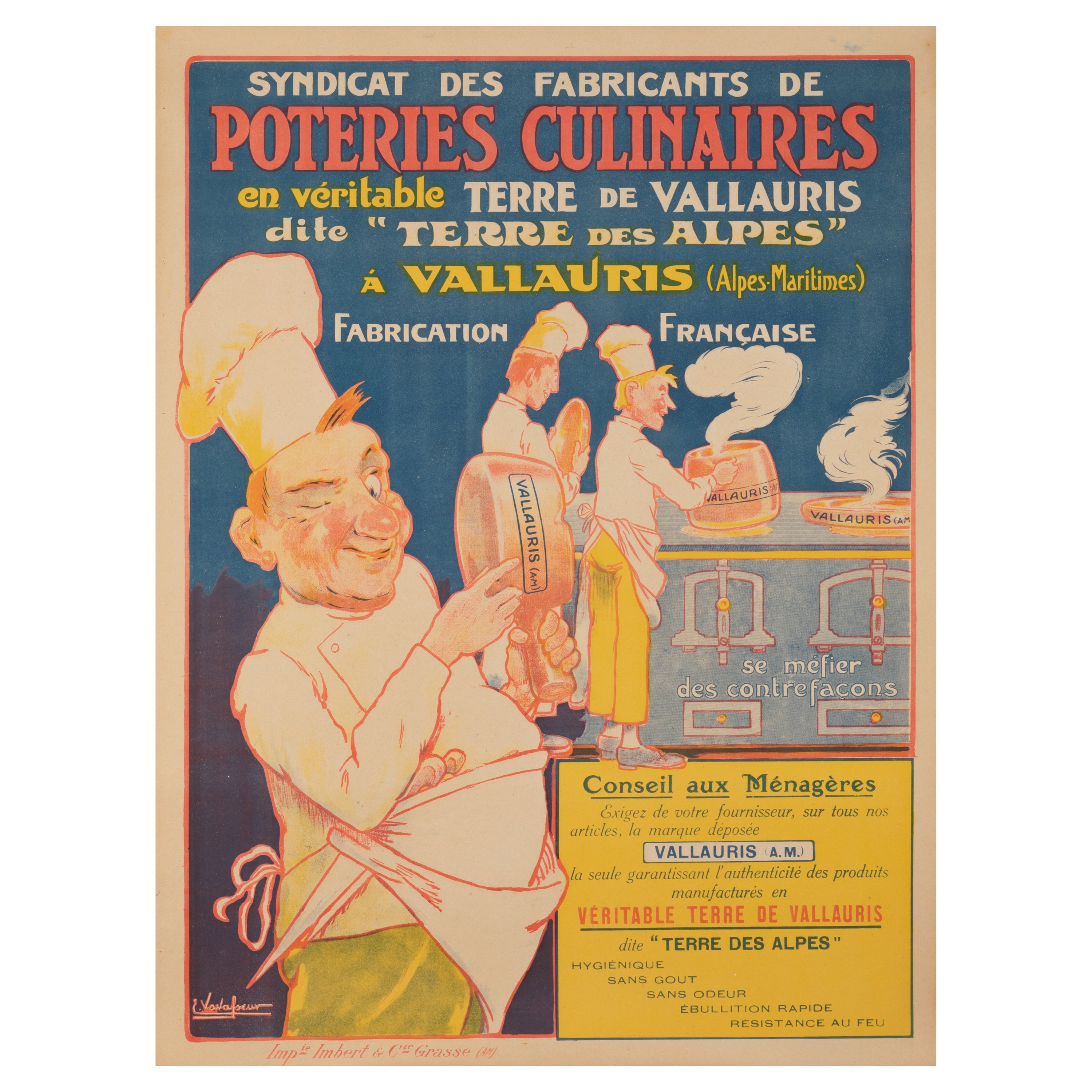 Vavasseur, affiche vintage originale, cuisines culinaire de Vallauris 1920 en vente