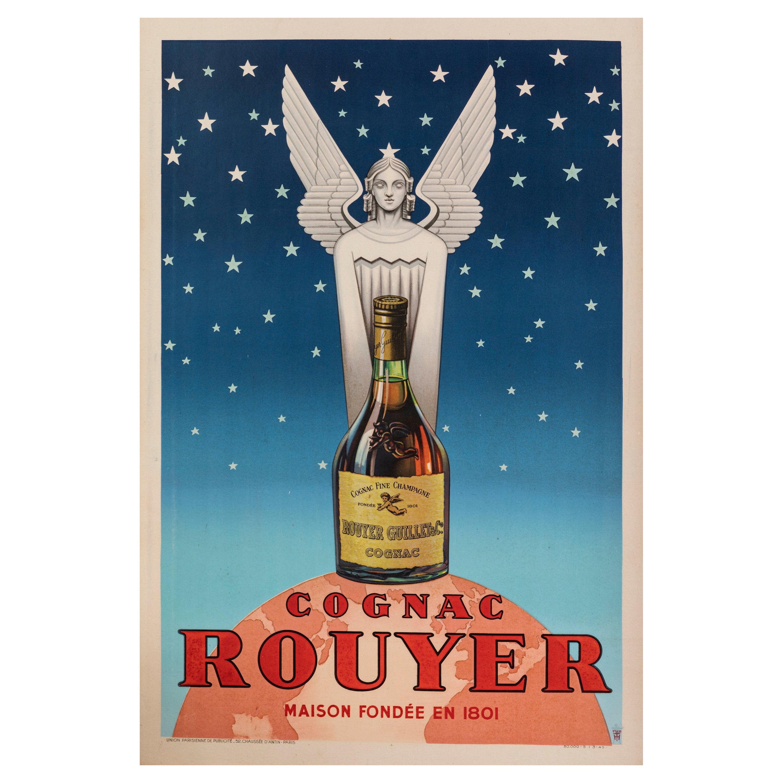 Original Vintage Poster, Cognac Rouyer, Liquor, Angel, Starry Sky, Globe, 1945