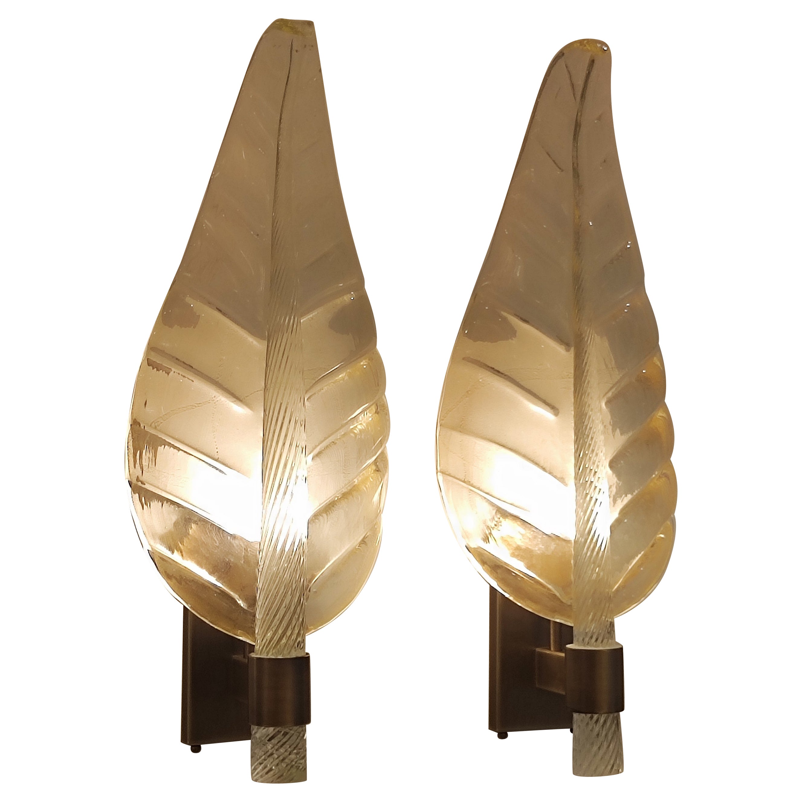 Pair of Large Murano Glass Leaves Sconces in Barovier Style For Sale