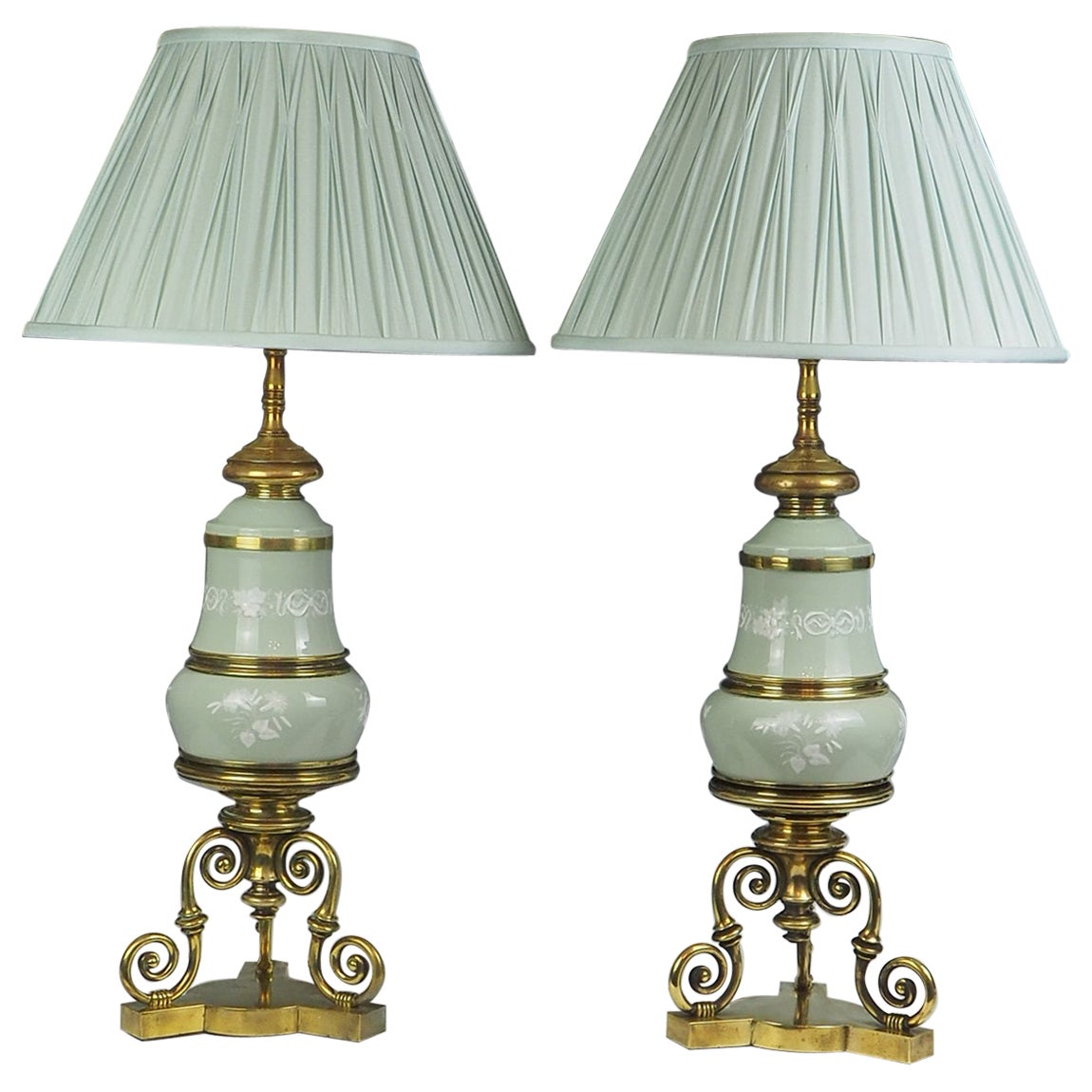 Antique Pair of Celadon Porcelain Table Lamps For Sale
