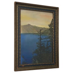 Œuvre d'art originale vintage signée et encadrée représentant un paysage de lac de la forêt