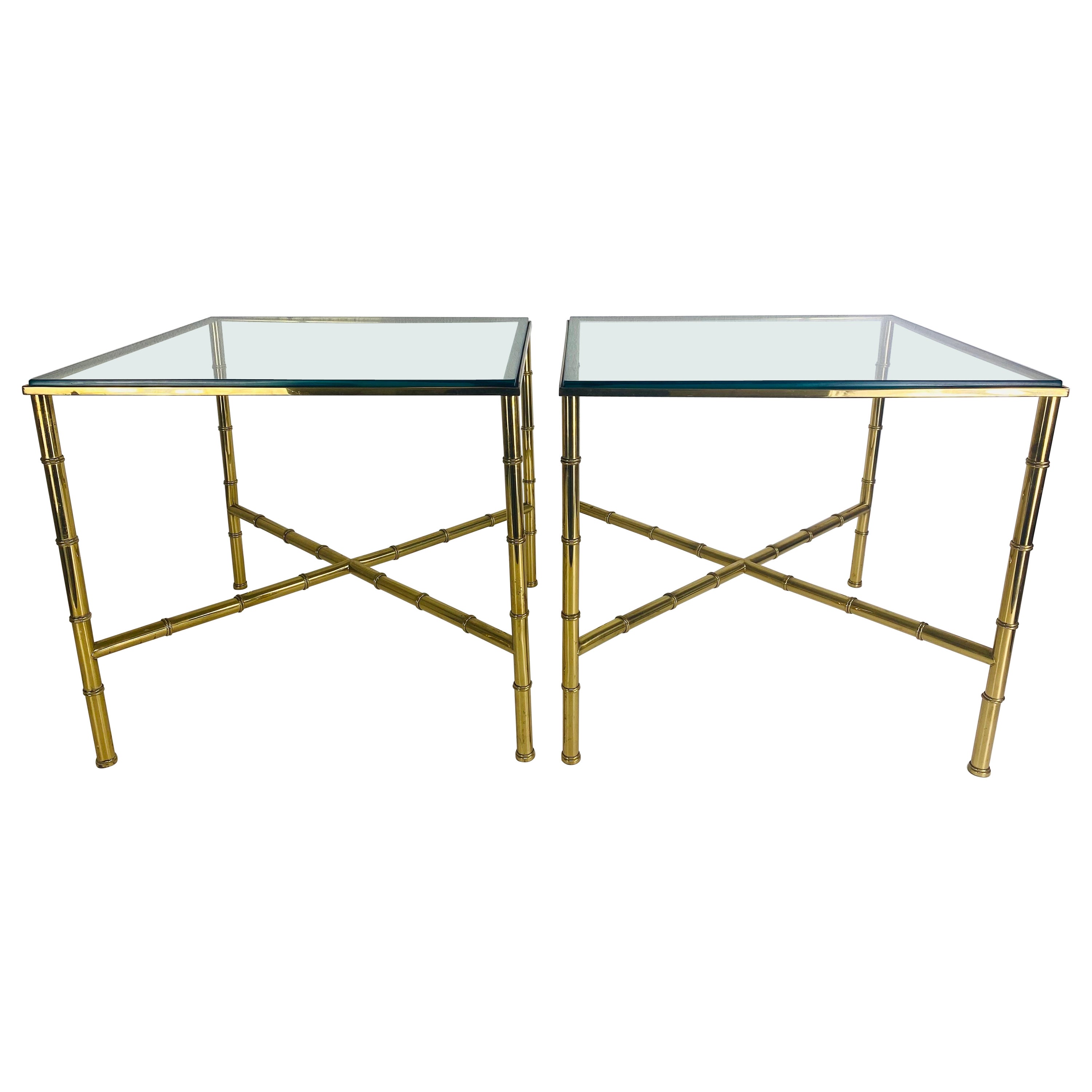 Handsome vintage solid brass Regency inspired faux bamboo side tables For Sale