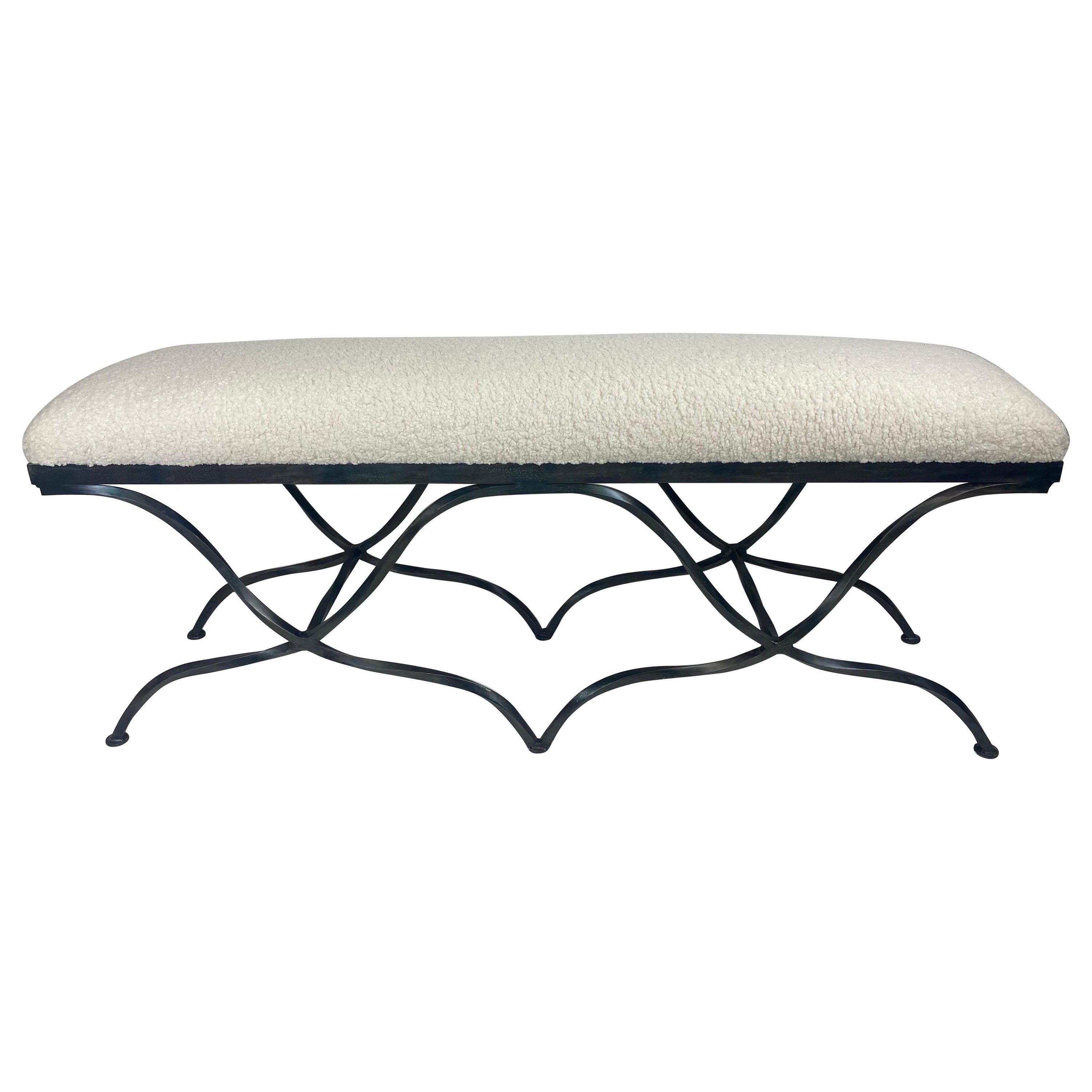 Late 20th century hand wrought iron upholstered bench