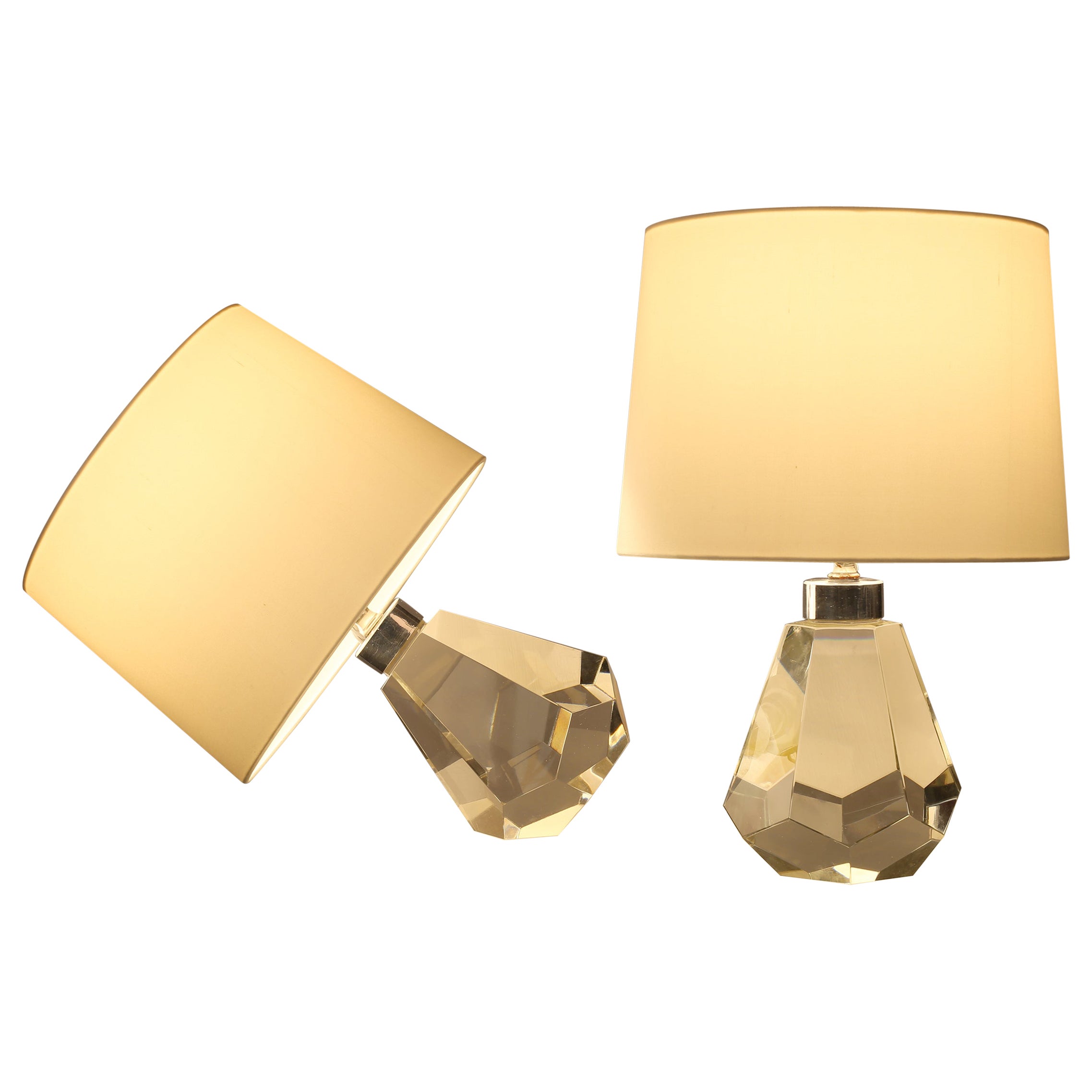 Pair of French 1930s Art Deco Faceted Crystal Glass Jewel Table Lamps For Sale