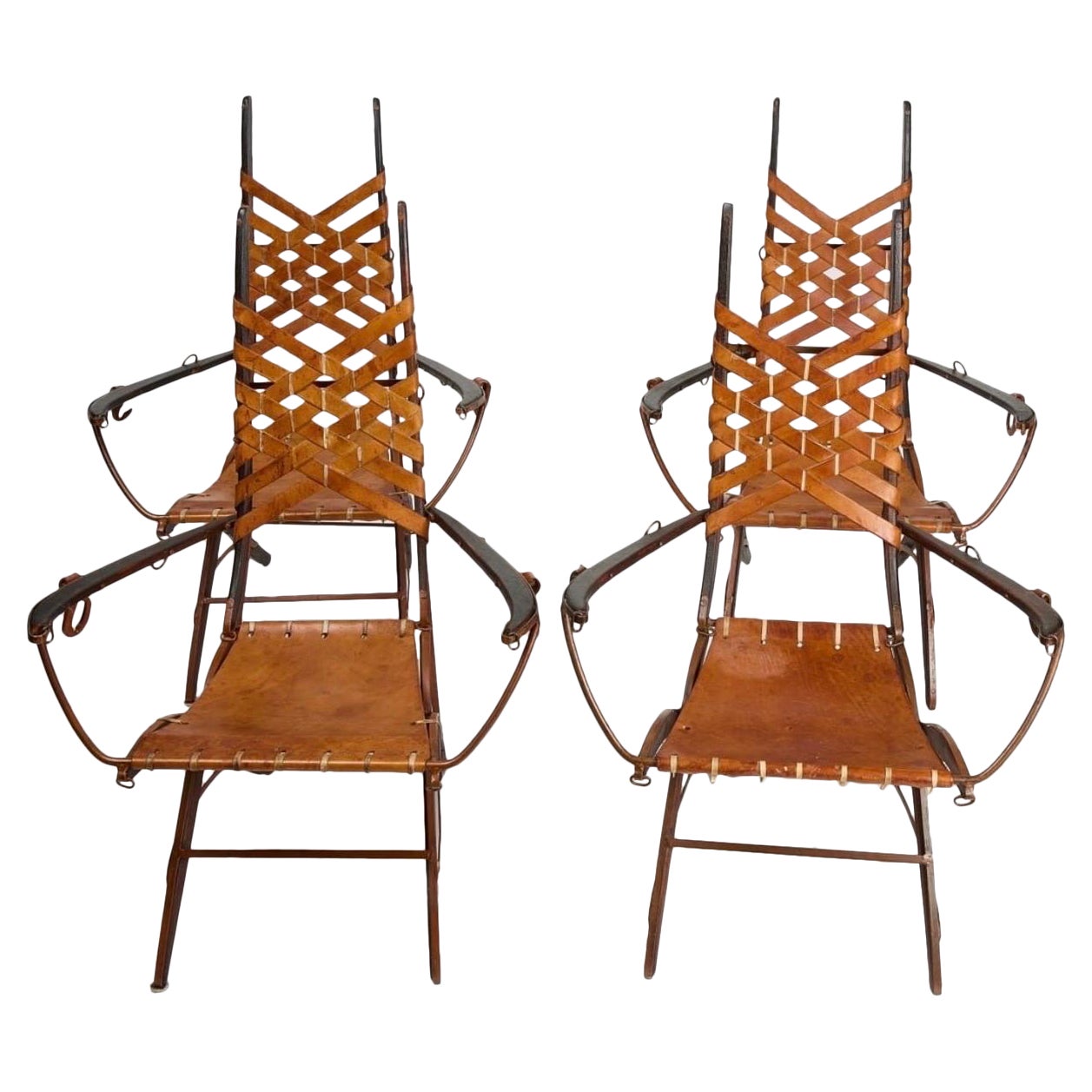 Set of 4 1960's Alberto Marconetti Leather, Iron and Wood Arm Chairs For Sale