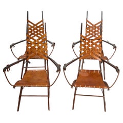 Used Set of 4 1960's Alberto Marconetti Leather, Iron and Wood Arm Chairs