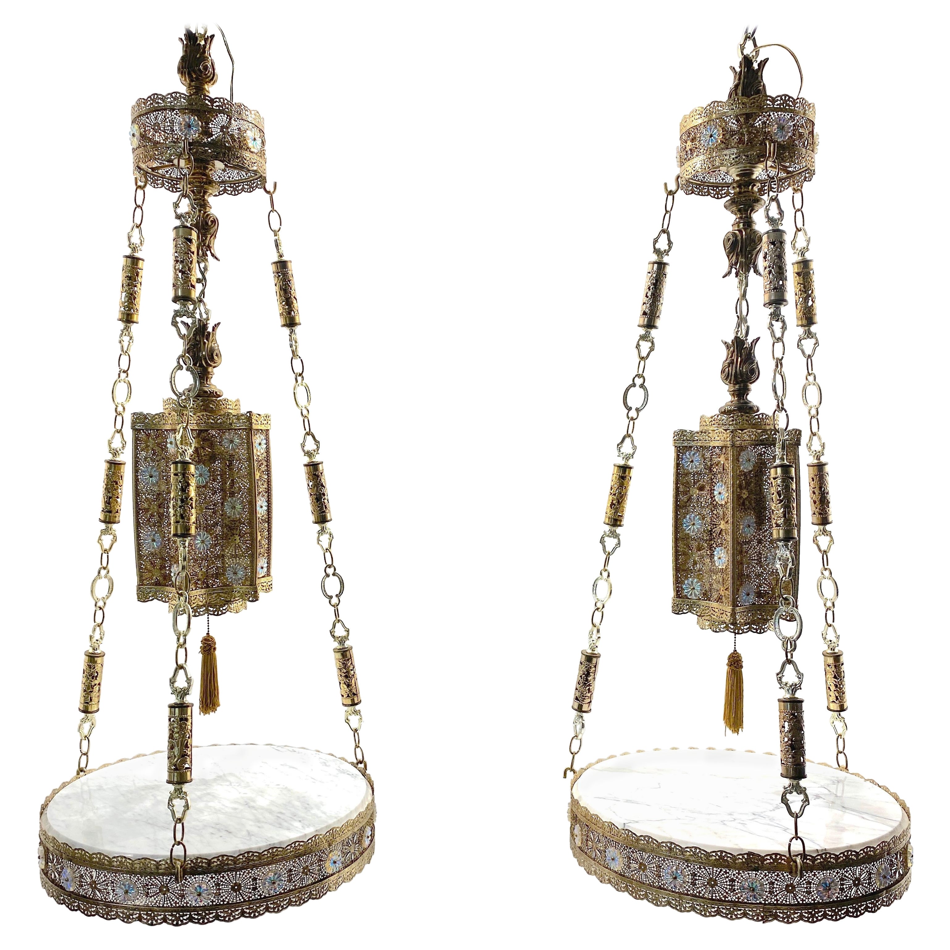 Pair of Exotic Moorish Hanging Brass & Crystal Lantern & Marble Side Tables 