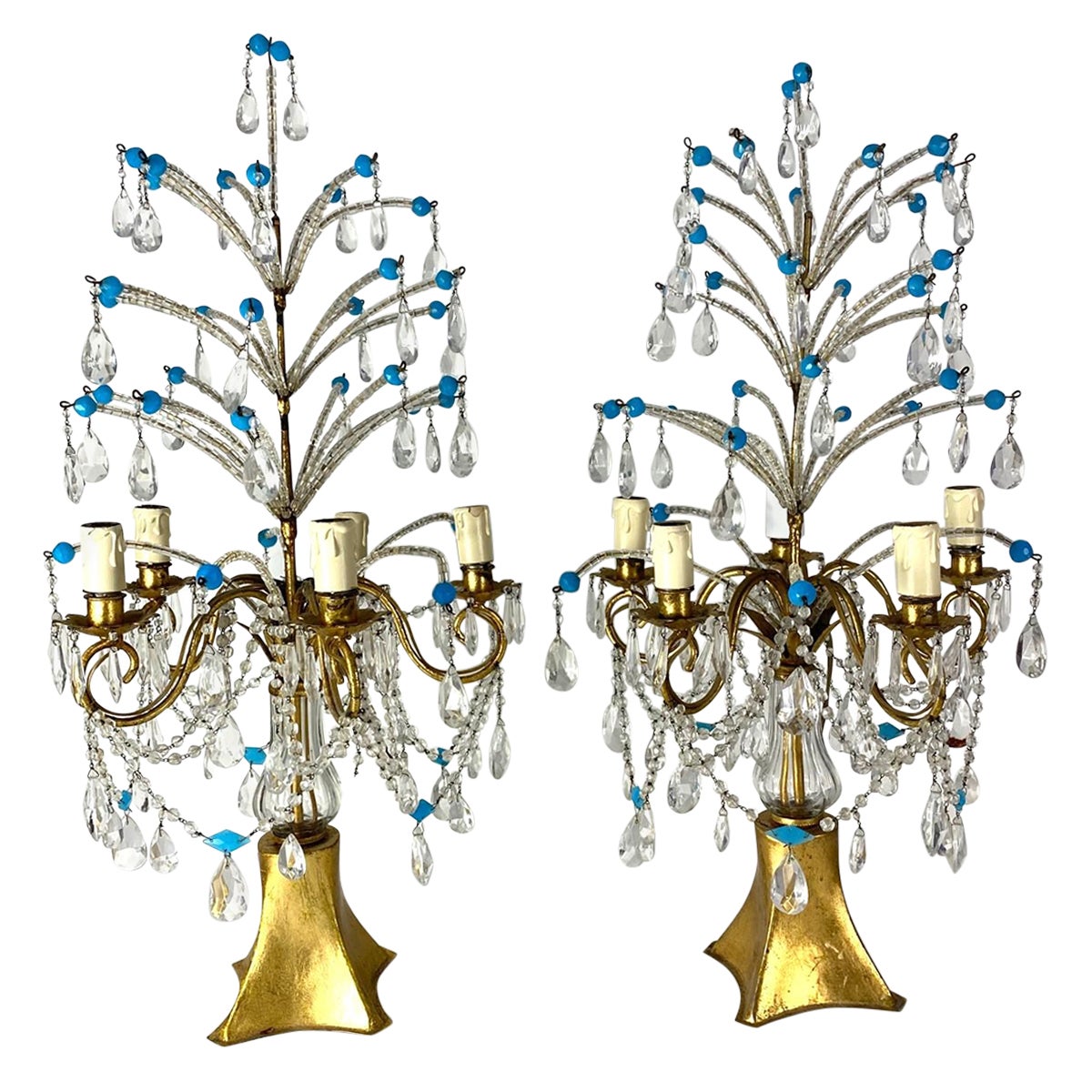 Italian Beaded & Crystal Girandole Lamps Set of 2 For Sale