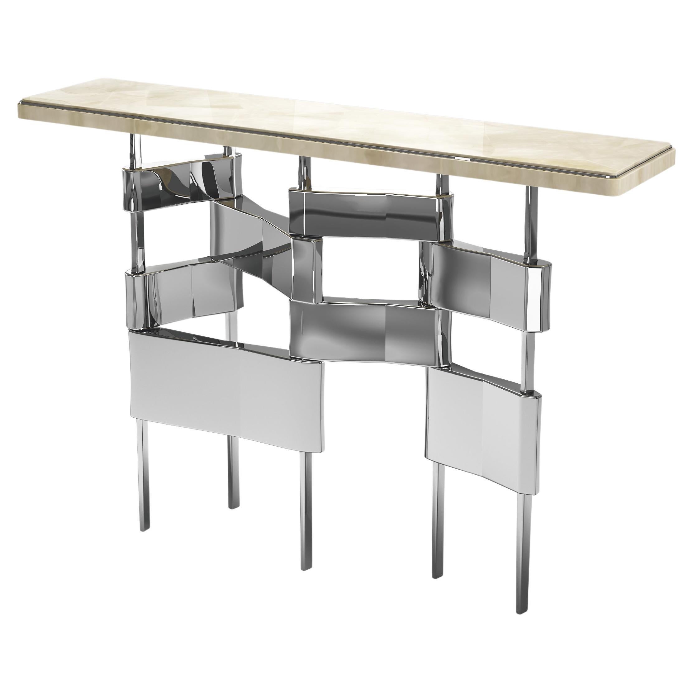 Quartz Console Table with Polished Stainless Steel Details by Kifu Paris For Sale