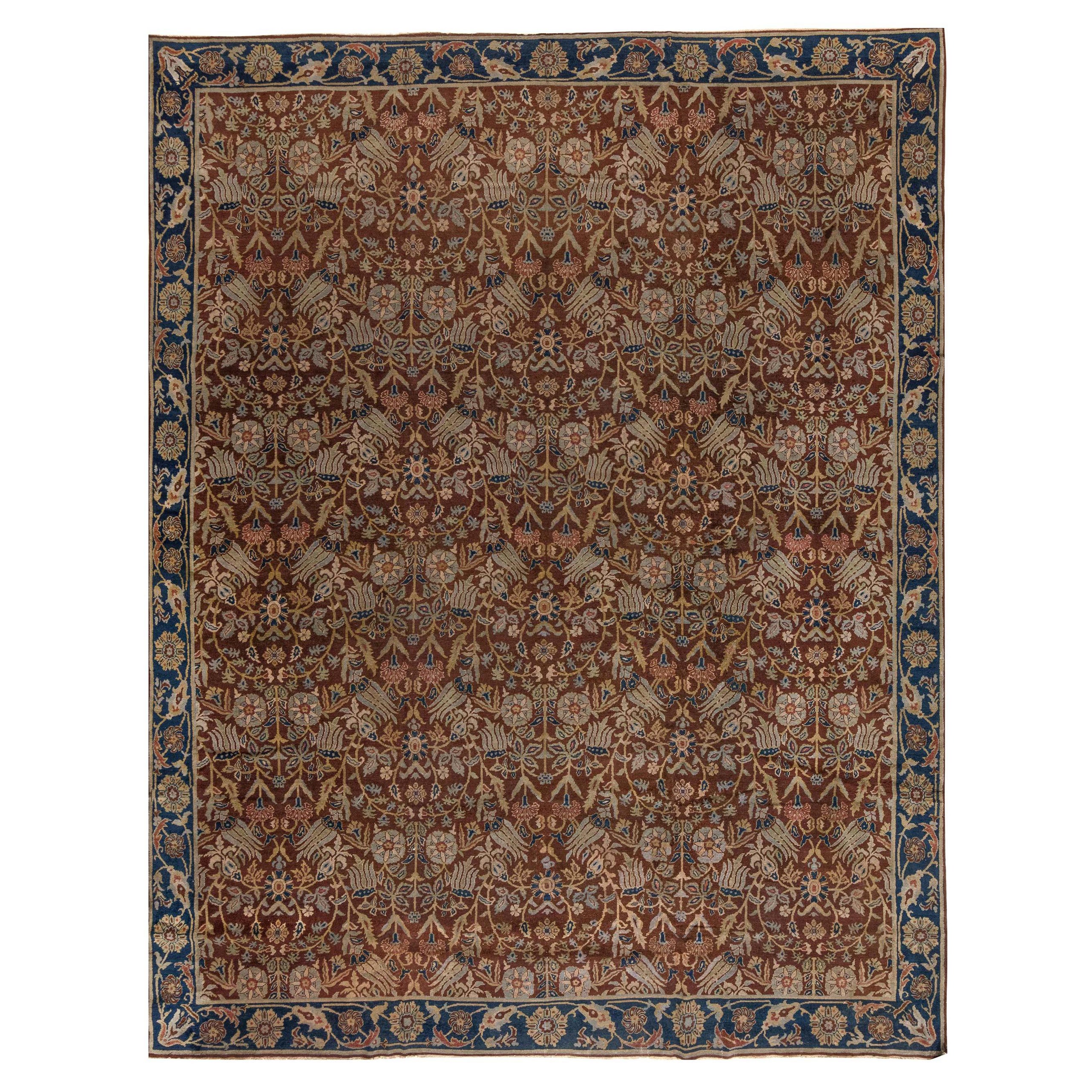 Antique Indian Brown Handmade Wool Rug  For Sale