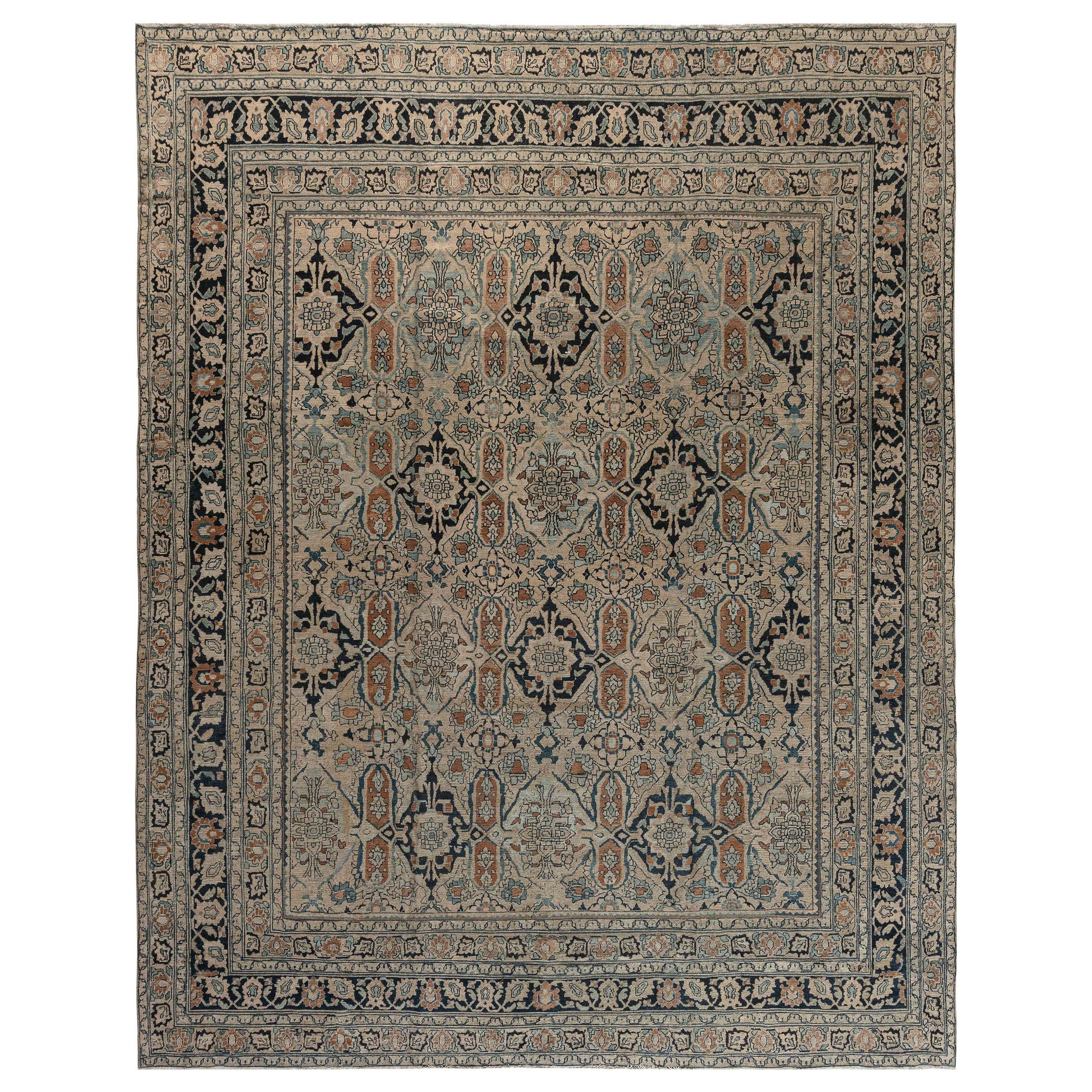 Vintage Persian Meshad Beige Handmade Wool Rug For Sale