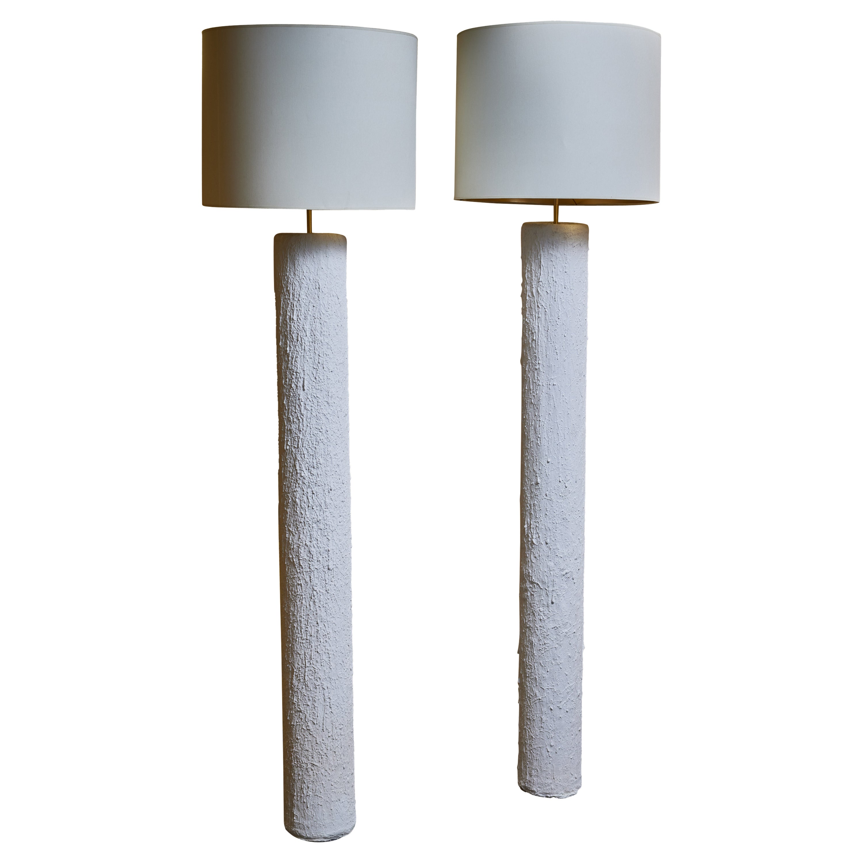 Pair of Textured Plaster Cylindrical Floor Lamps For Sale