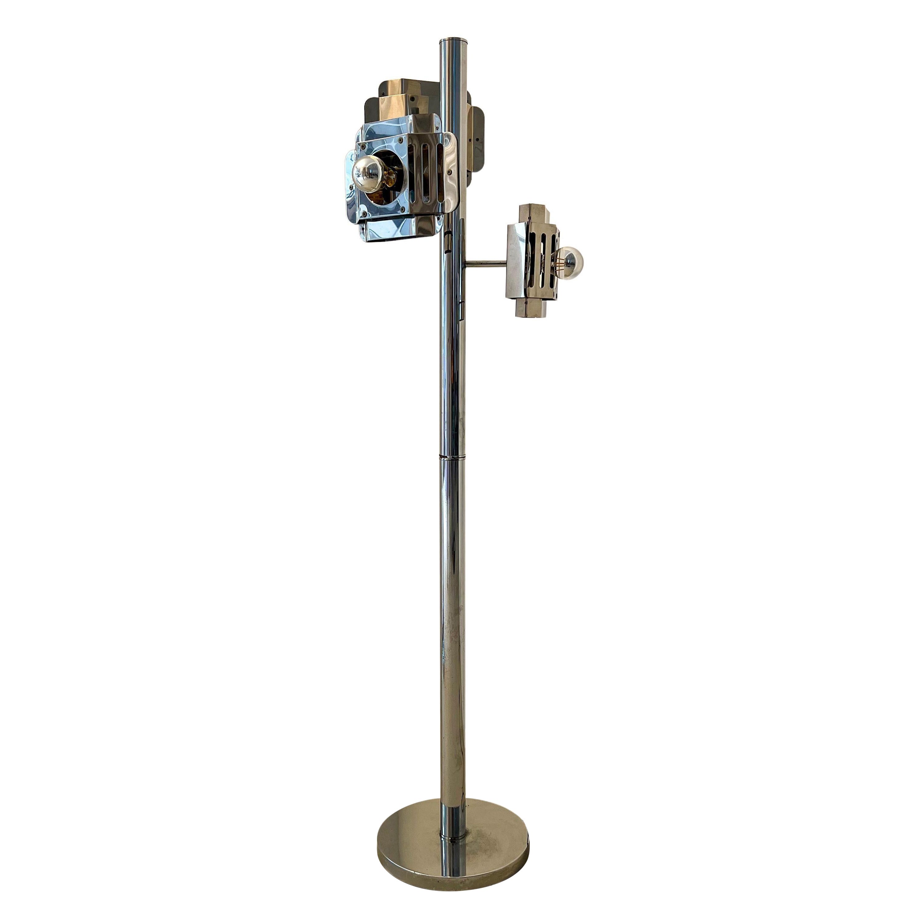Vintage Italian Spage Age Floor Lamp in Chromed Metal, with Elaborate Shades For Sale