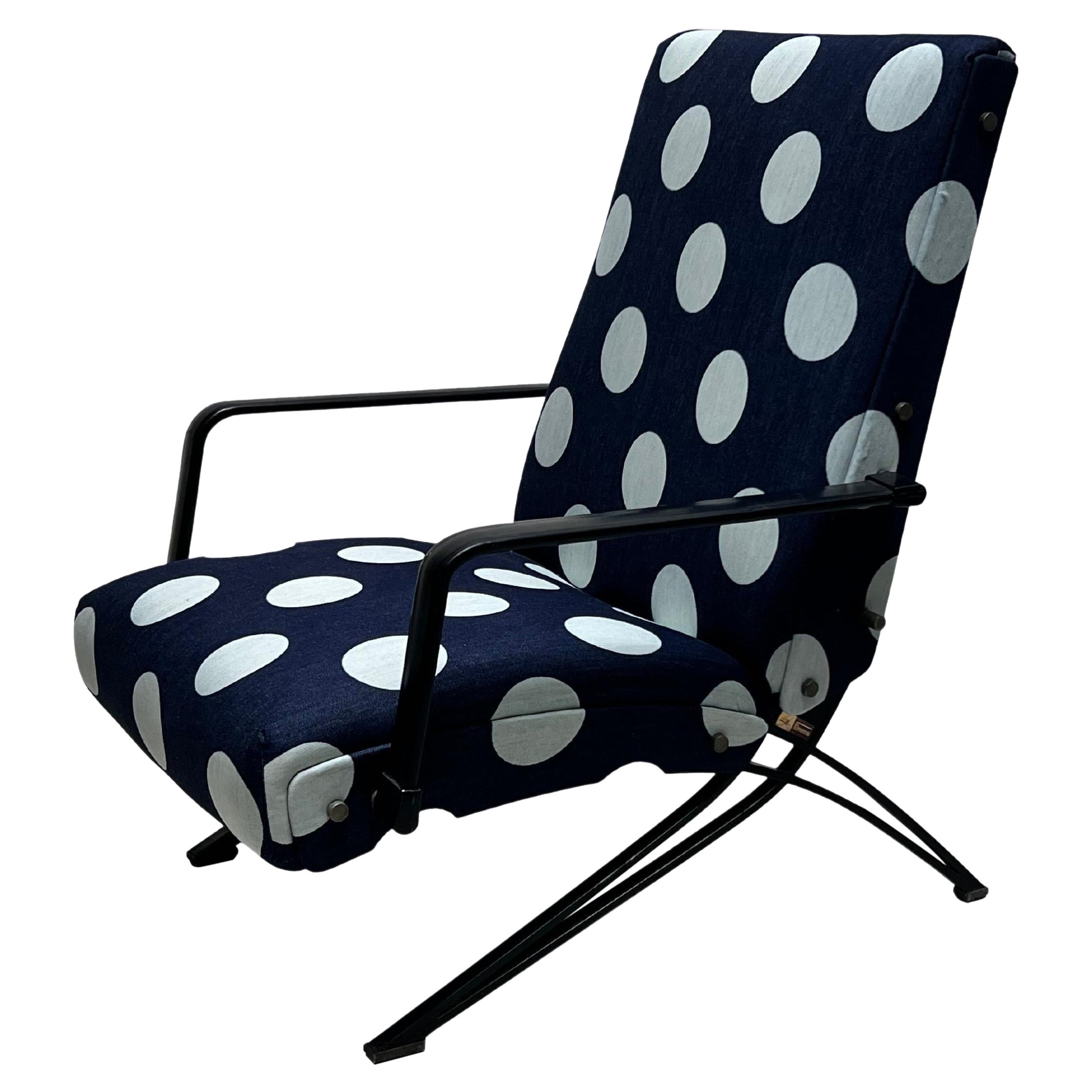 Vintage 1960s Formanova Reclining Armchair by Giulio Moscatelli Polka Dot Fabric For Sale