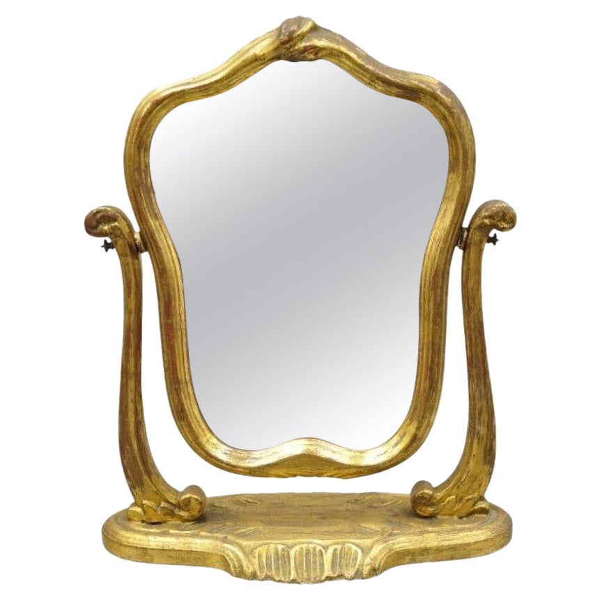 Italian Hollywood Regency Carved Gold Giltwood Distressed Small Vanity Mirror For Sale