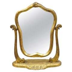 Vintage Italian Hollywood Regency Carved Gold Giltwood Distressed Small Vanity Mirror