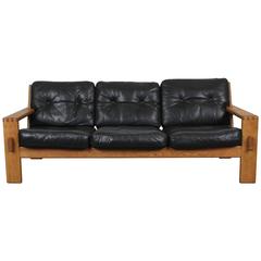 Danish Mid-Century Modern Black Leather Oak Sofa by Esko Pajamies for Asko