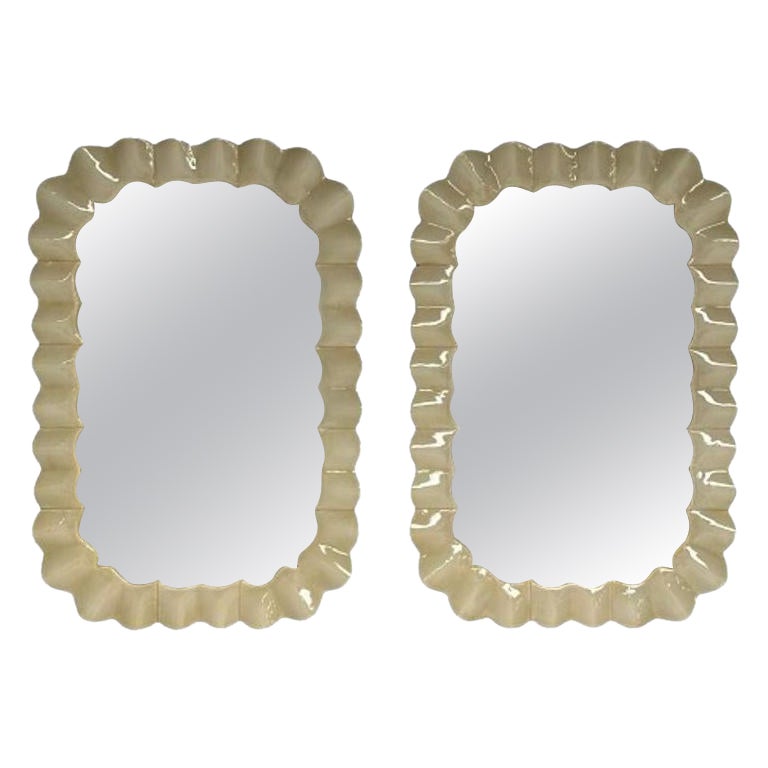 Contemporary, Ruffle Wall Mirrors, White Murano Glass, Brass, Italy, 2023 For Sale