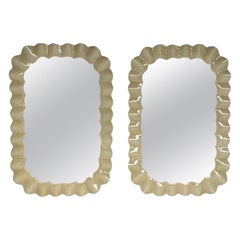 Contemporary, Ruffle Wall Mirrors, White Murano Glass, Brass, Italy, 2023