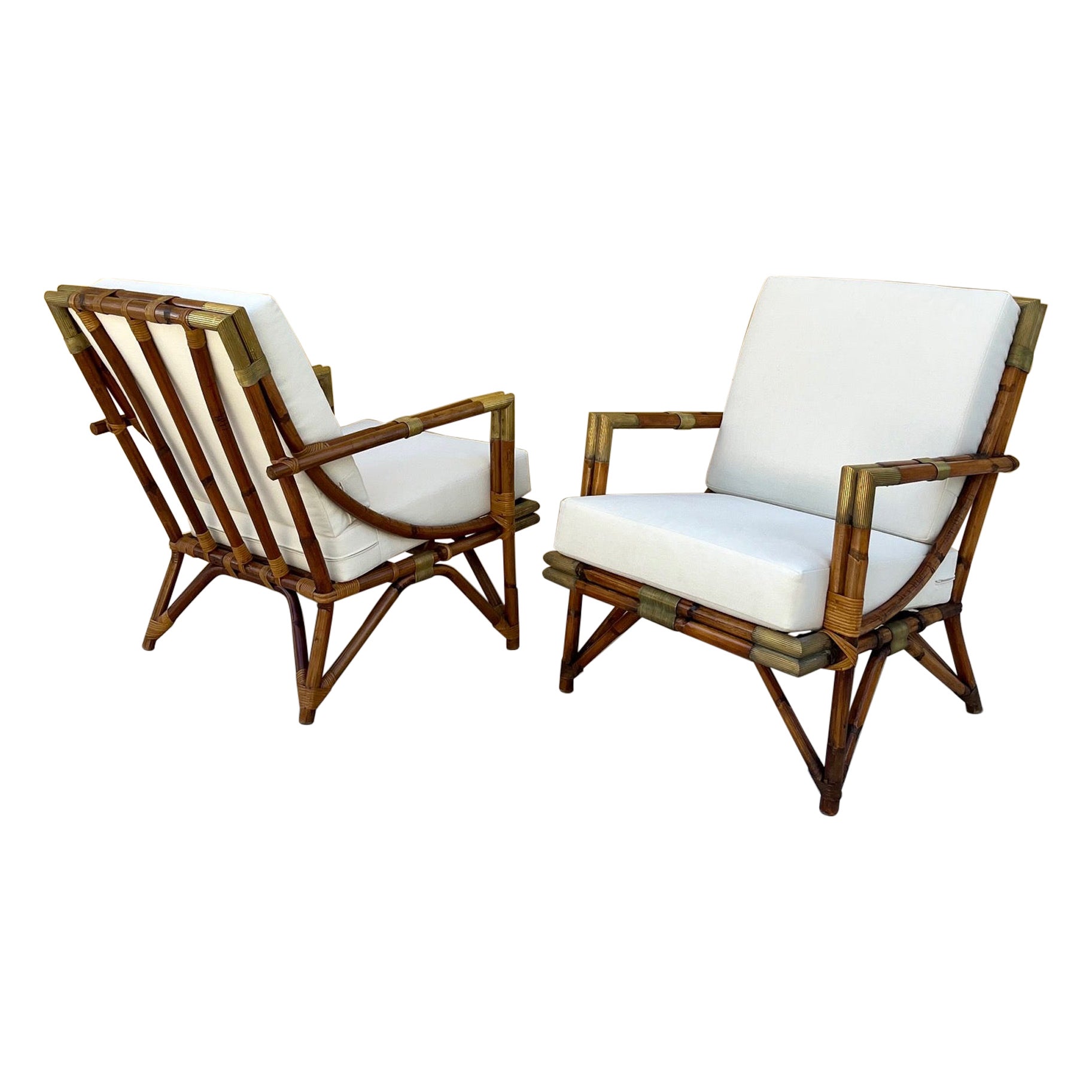 Pair of  Lounge Chairs in Rattan and Brass, by Maison et Jardin, 1950's  For Sale