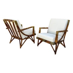 Pair of  Lounge Chairs in Rattan and Brass, by Maison et Jardin, 1950's 
