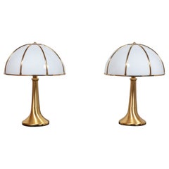 Pair of Large Gabriella Crespi "Fungo" Table Lamps in Brushed Brass and Acrylic