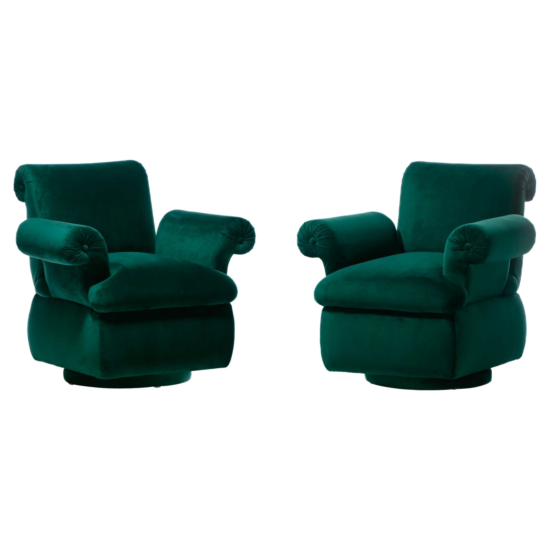 Dorothy Draper Style Hollywood Regency Swivel Arm Chairs in Emerald Velvet For Sale