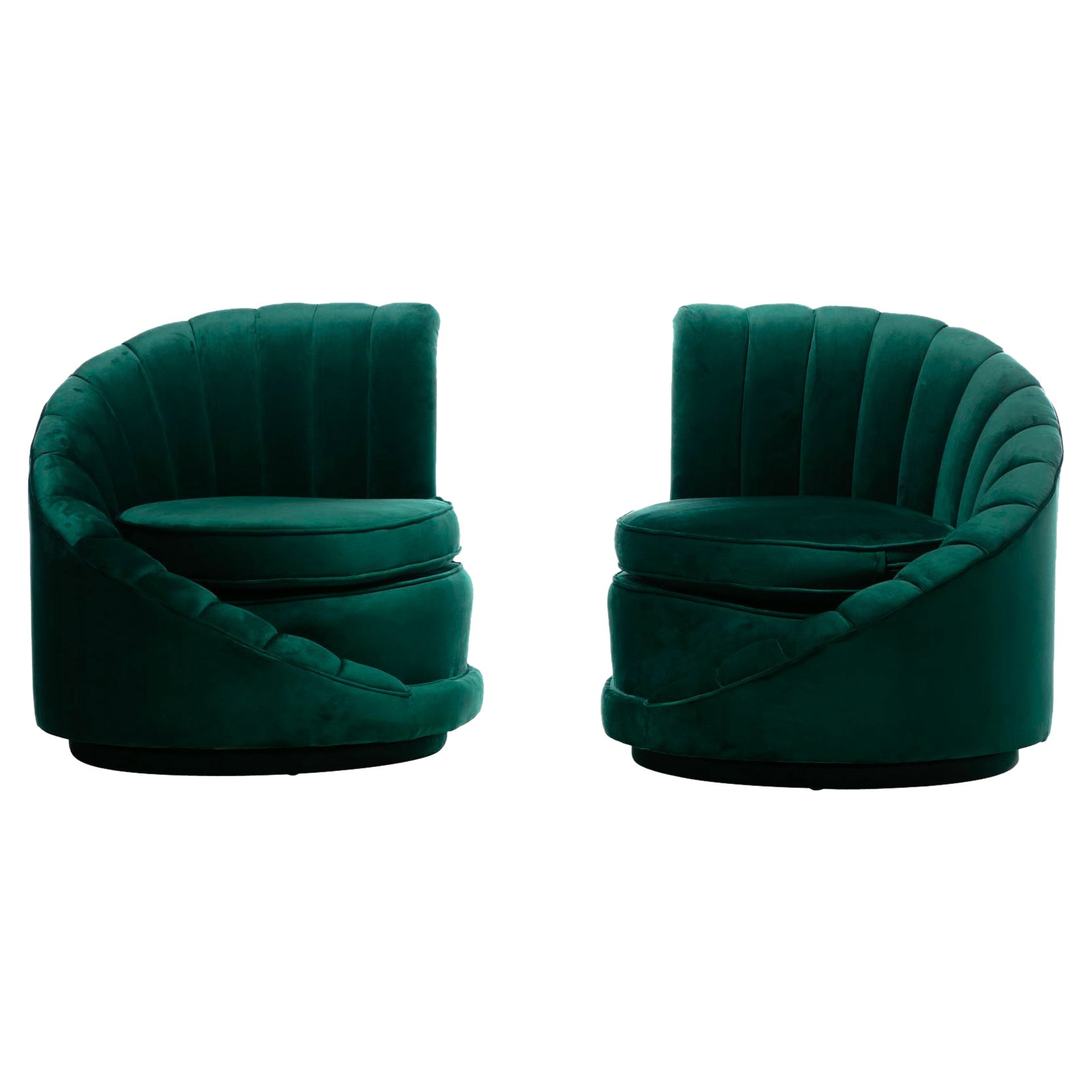 Hollywood Regency Glamorous Asymmetrical Swivel Chairs in Emerald Green Velvet For Sale