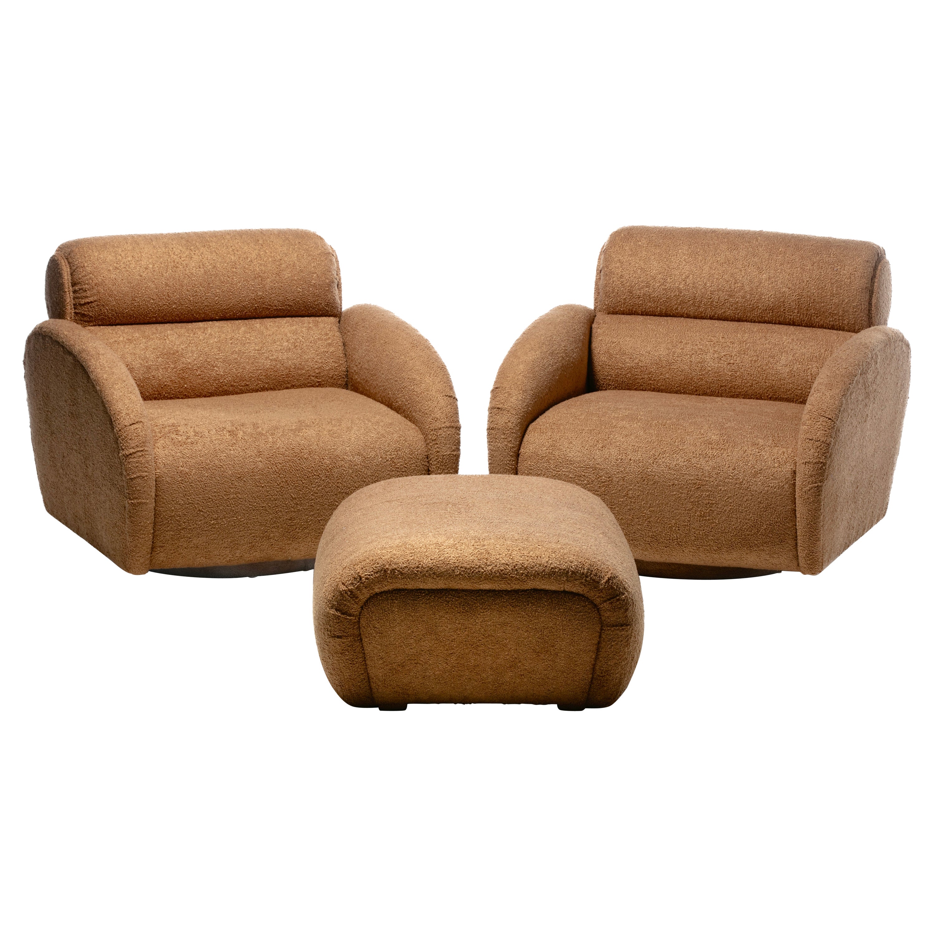 Large Scale Directional Post Modern Swivel Chairs & Ottoman in Mocha Fabric For Sale