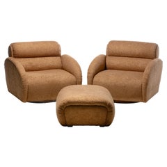 Retro Large Scale Directional Post Modern Swivel Chairs & Ottoman in Mocha Fabric