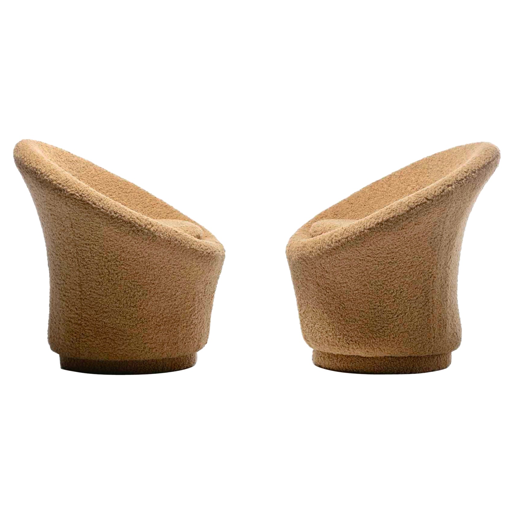 Pair of Modern French Mushroom Swivel Chairs in Latte Bouclé