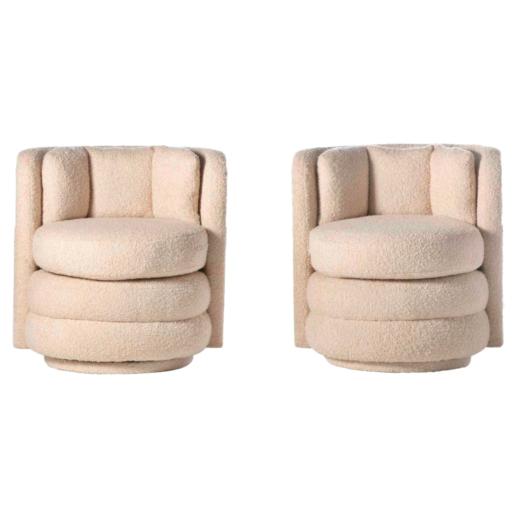 Pair of Post Modern Channeled Swivel Chairs in Blush Pink Bouclé For Sale