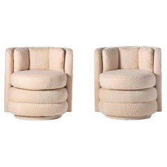 Retro Pair of Post Modern Channeled Swivel Chairs in Blush Pink Bouclé