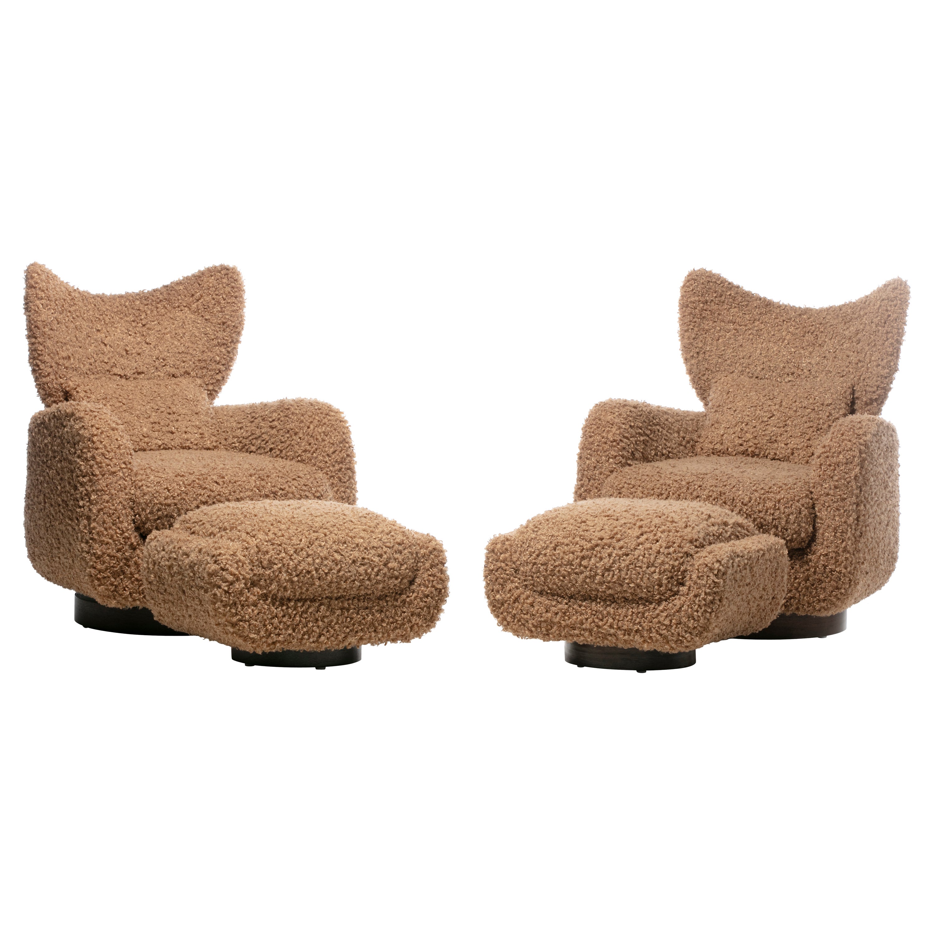 Pair of Vladimir Kagan Wingback Swivel Chairs & Ottomans in Curly Latte Fabric For Sale