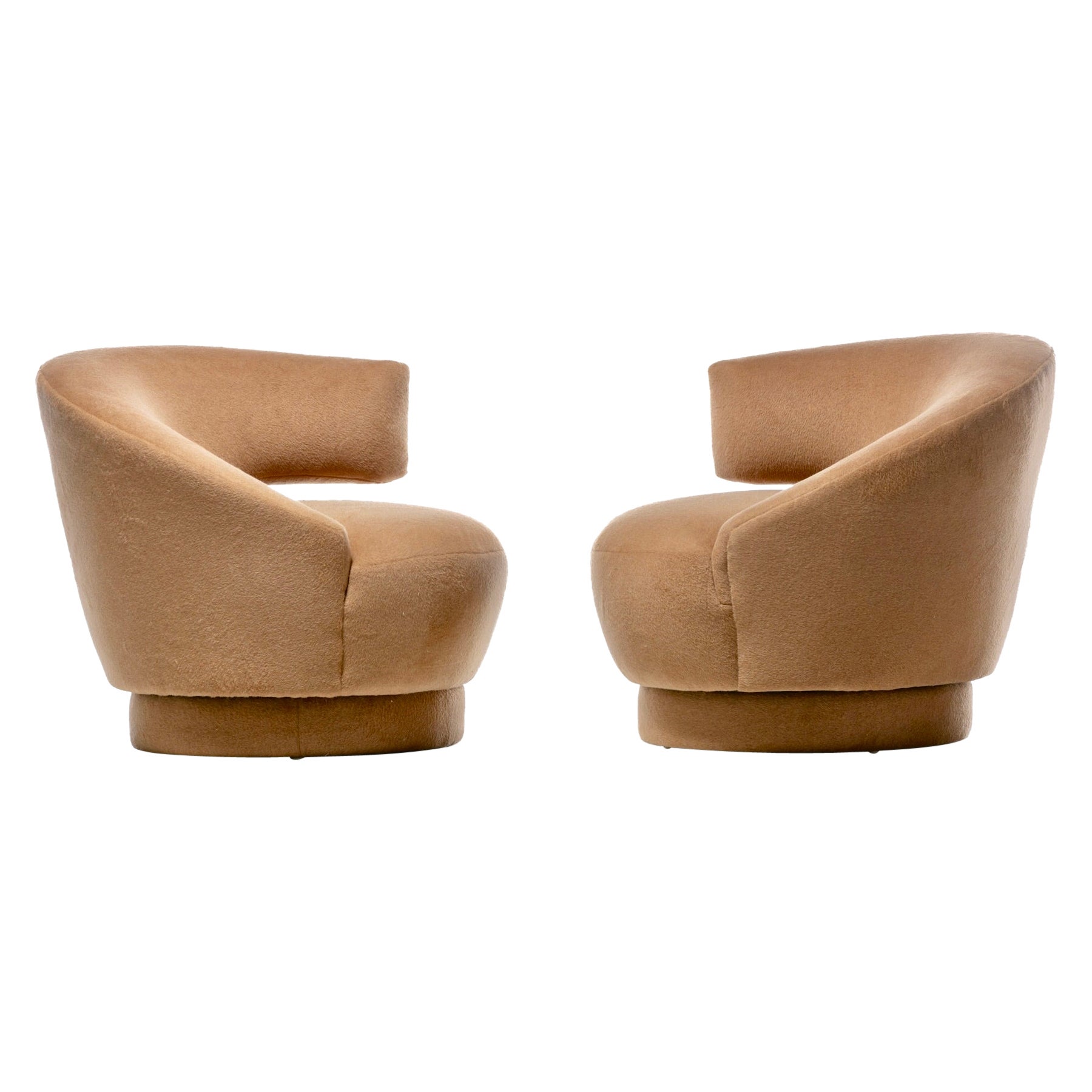 Vladimir Kagan Caterpillar Chairs Newly Upholstered in Camel Color Mohair For Sale