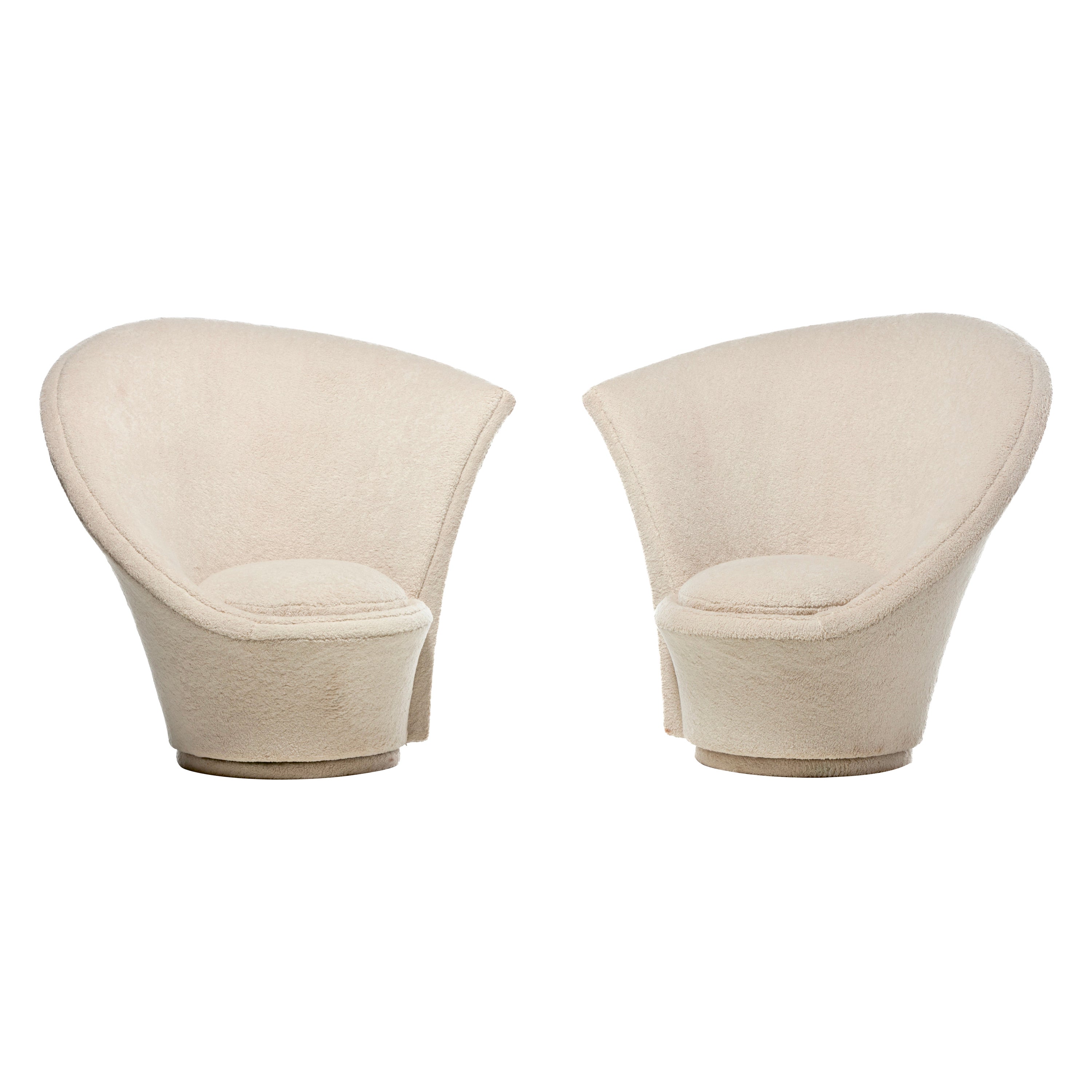 Vladimir Kagan Sculptural High Back Swivel Chairs in Textured Ivory Fabric For Sale
