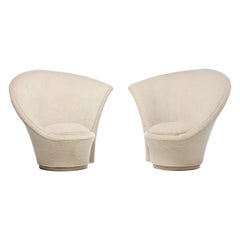 Retro Vladimir Kagan Sculptural High Back Swivel Chairs in Textured Ivory Fabric