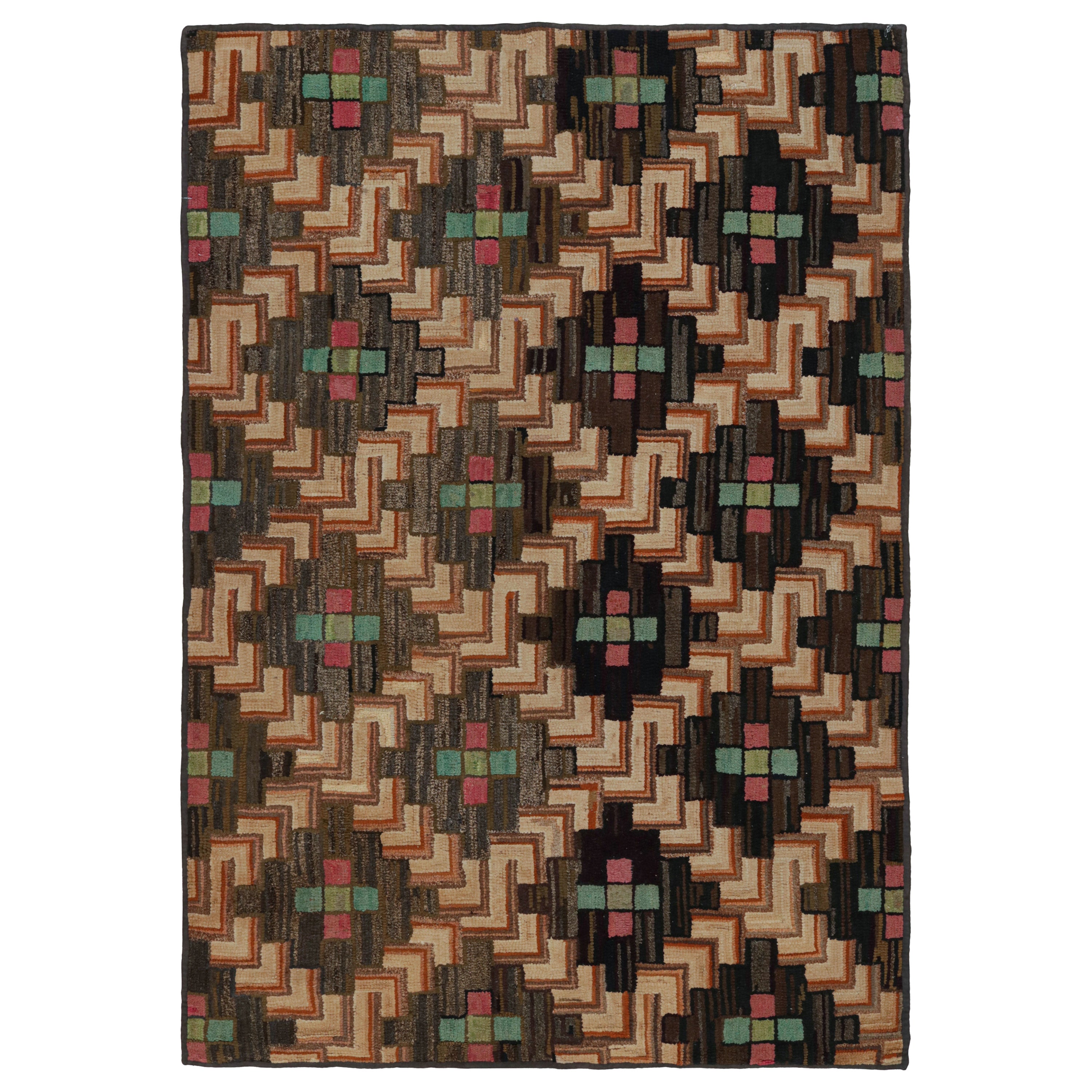 Antique Hooked Rug with Polychromatic Geometric Patterns, from Rug & Kilim For Sale