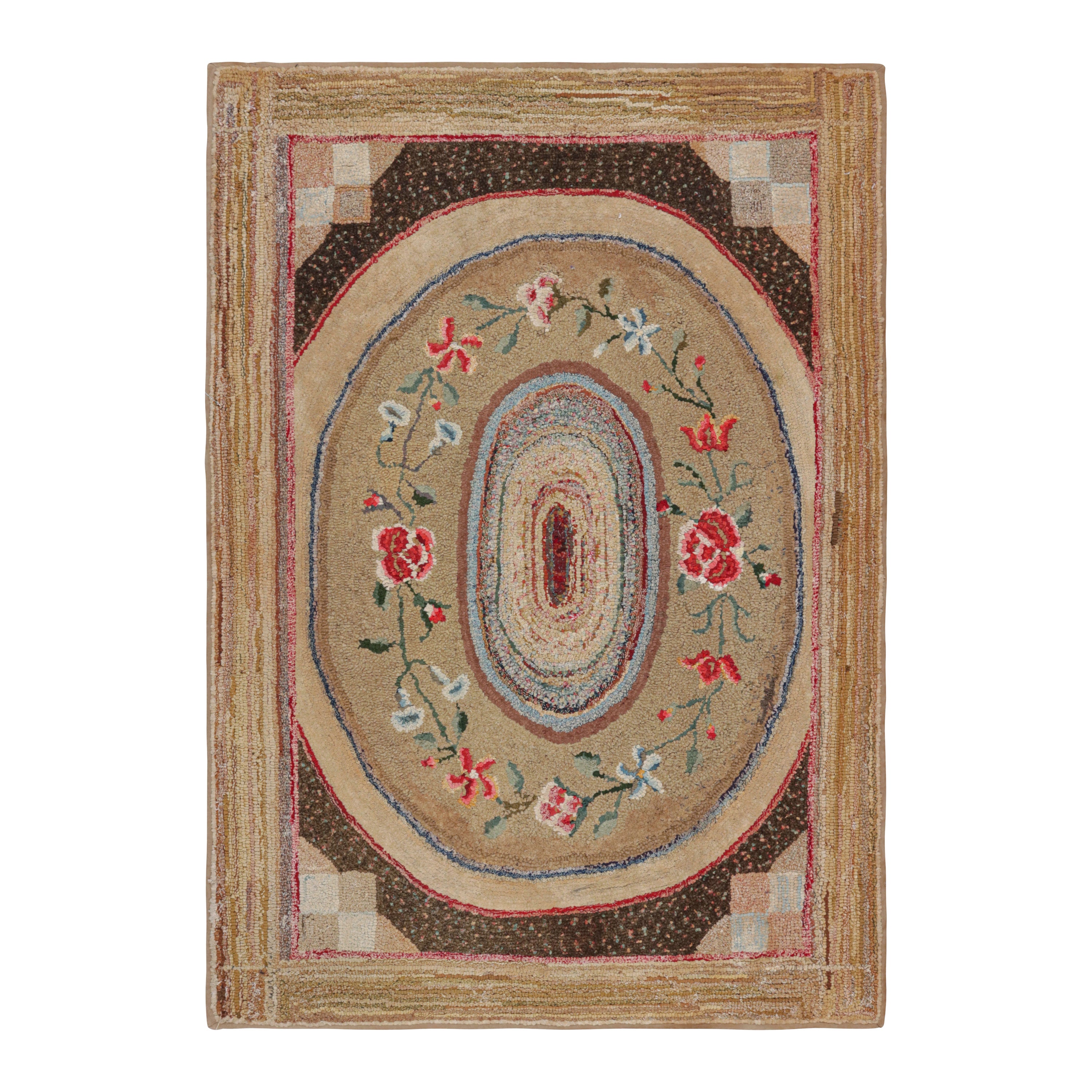 Antique Hooked Rug in Brown, with Floral Patterns, from Rug & Kilim For Sale