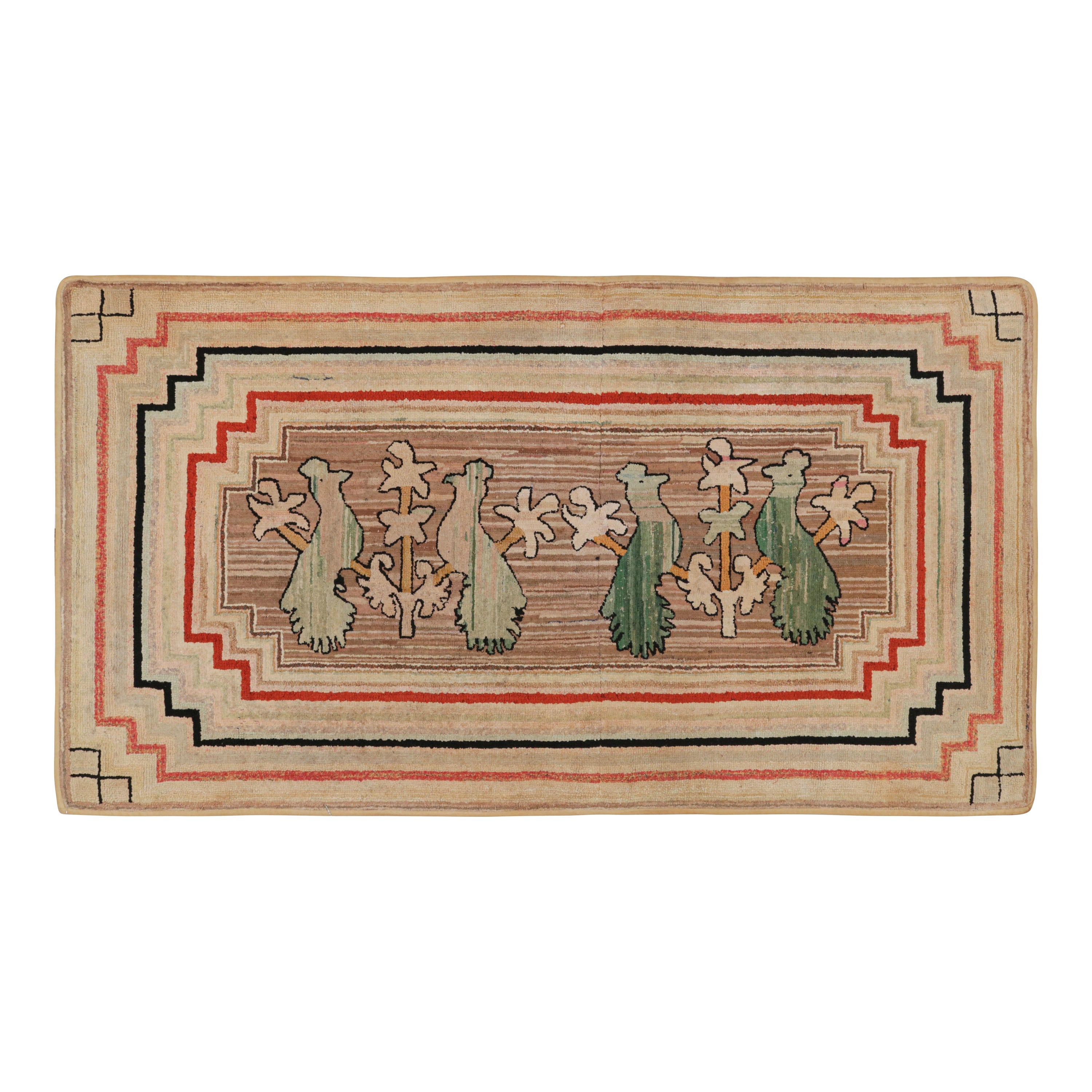 Antique Hooked Runner Rug in Beige with Green Bird Pictorials, from Rug & Kilim For Sale