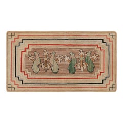 Antique Hooked Runner Rug in Beige with Green Bird Pictorials, from Rug & Kilim