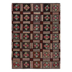 Antique Hooked Rug with Brown, Red and Blue Geometric Patterns, from Rug & Kilim