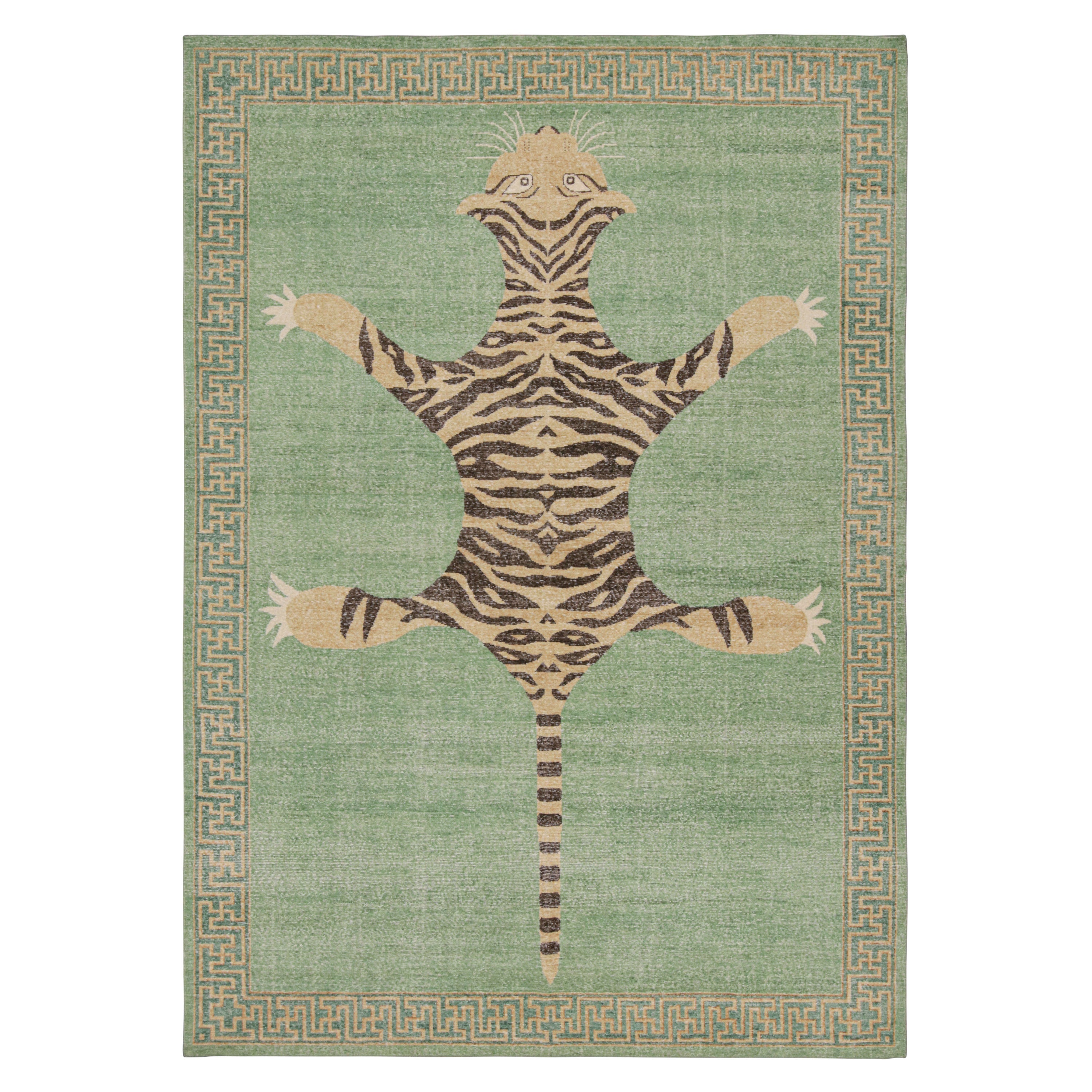 Rug & Kilim’s Distressed Tiger Rug in Green with Beige and Black Pictorial  For Sale