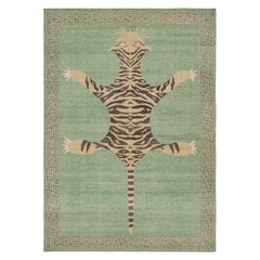 Rug & Kilim’s Distressed Tiger Rug in Green with Beige and Black Pictorial 