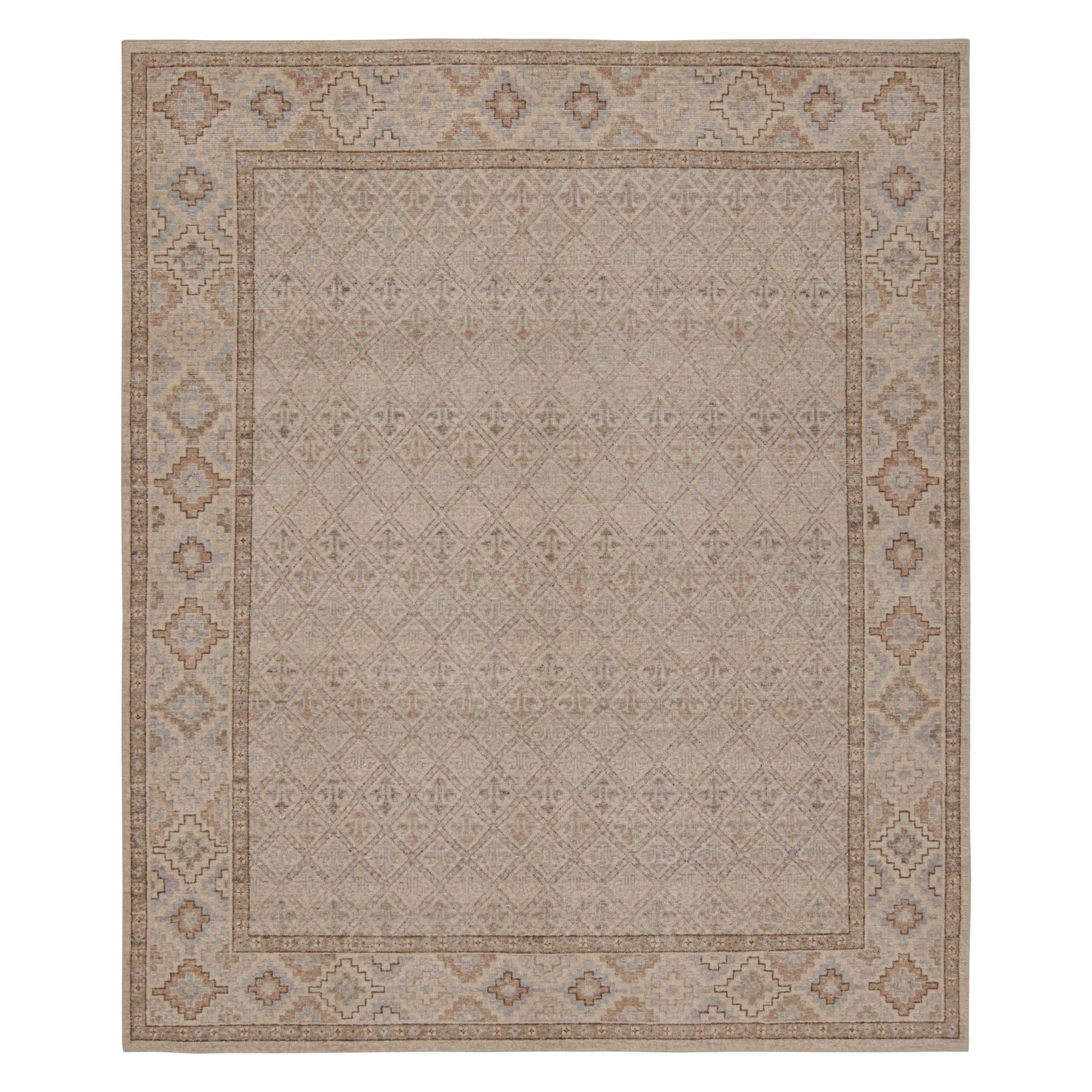 Rug & Kilim’s Distressed Rug In Beige, Gray And Blue Geometric Pattern For Sale